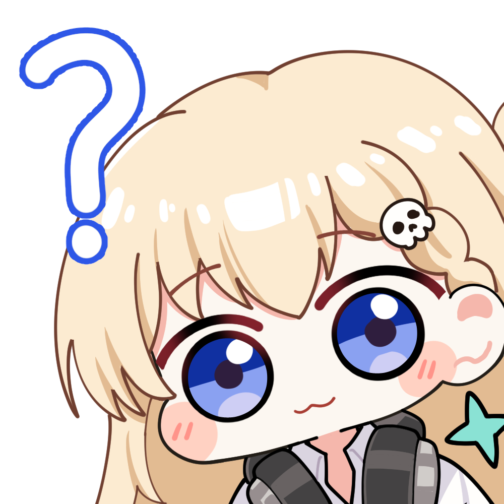 twomoon, lynae (wuthering waves), wuthering waves, commentary, 1girl, :3, ?, blonde hair, blue eyes, chibi, chibi only, closed mouth, earrings, hair ornament, headphones, headphones around neck, jewelry, long hair, looking at viewer, portrait, simple background, skull hair ornament, solo, star (symbol), star earrings, sticker (medium), white background