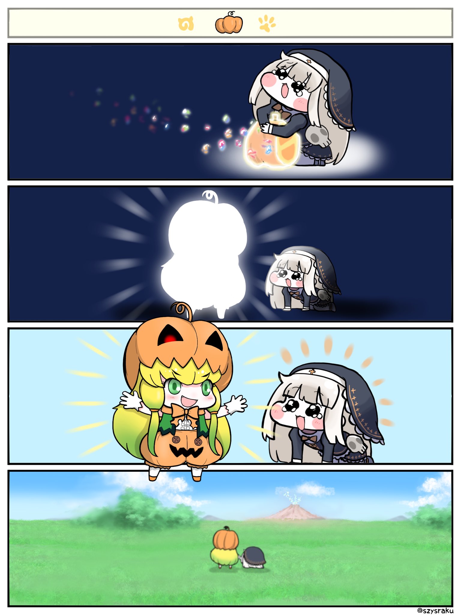 shizuraku, jack-o'-lantern (kemono friends), speaki (trickcal), kemono friends, trickcal, commentary request, highres, 2girls, black eyes, blonde hair, bow, bowtie, dress, gloves, green eyes, grey hair, long hair, meme, multiple girls, outdoors, parody, pumpkin, pumpkin hat, speakiposting (meme), veil