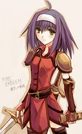 mia (fire emblem), fire emblem, fire emblem: path of radiance, nintendo, artist request, lowres, 1girl, ahoge, armor, belt, blue hair, female focus, fingerless gloves, flat chest, gloves, green eyes, headband, short hair, simple background, solo, sword, thighhighs, weapon