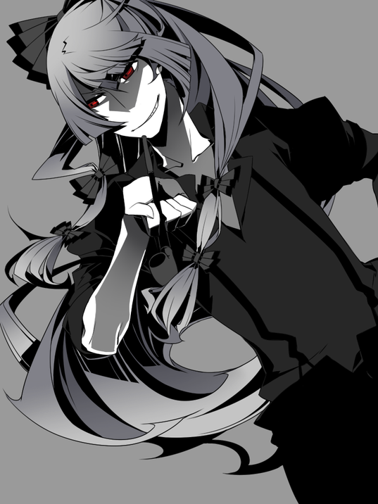 keruberosu-a, fujiwara no mokou, touhou, bad id, bad pixiv id, 1girl, alternate color, female focus, grey hair, grey theme, hair ribbon, holding, kiseru, long hair, monochrome, red eyes, ribbon, simple background, sleeves rolled up, smirk, smoking pipe, solo, spot color, suspenders