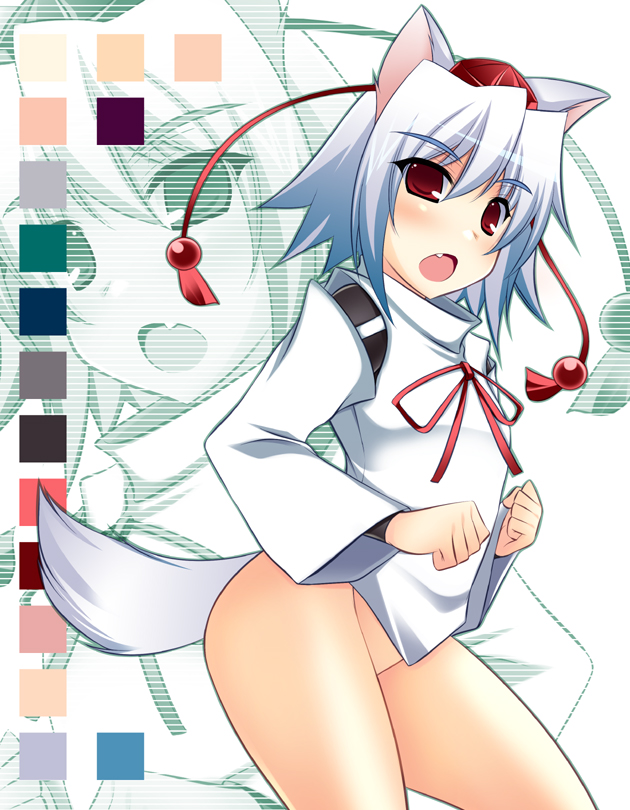 ibuki pon, inubashiri momiji, touhou, silver hair, bad id, bad pixiv id, 1girl, animal ears, bottomless, detached sleeves, female focus, hat, no panties, red eyes, short hair, solo, tail, tokin hat, wolf ears, wolf tail