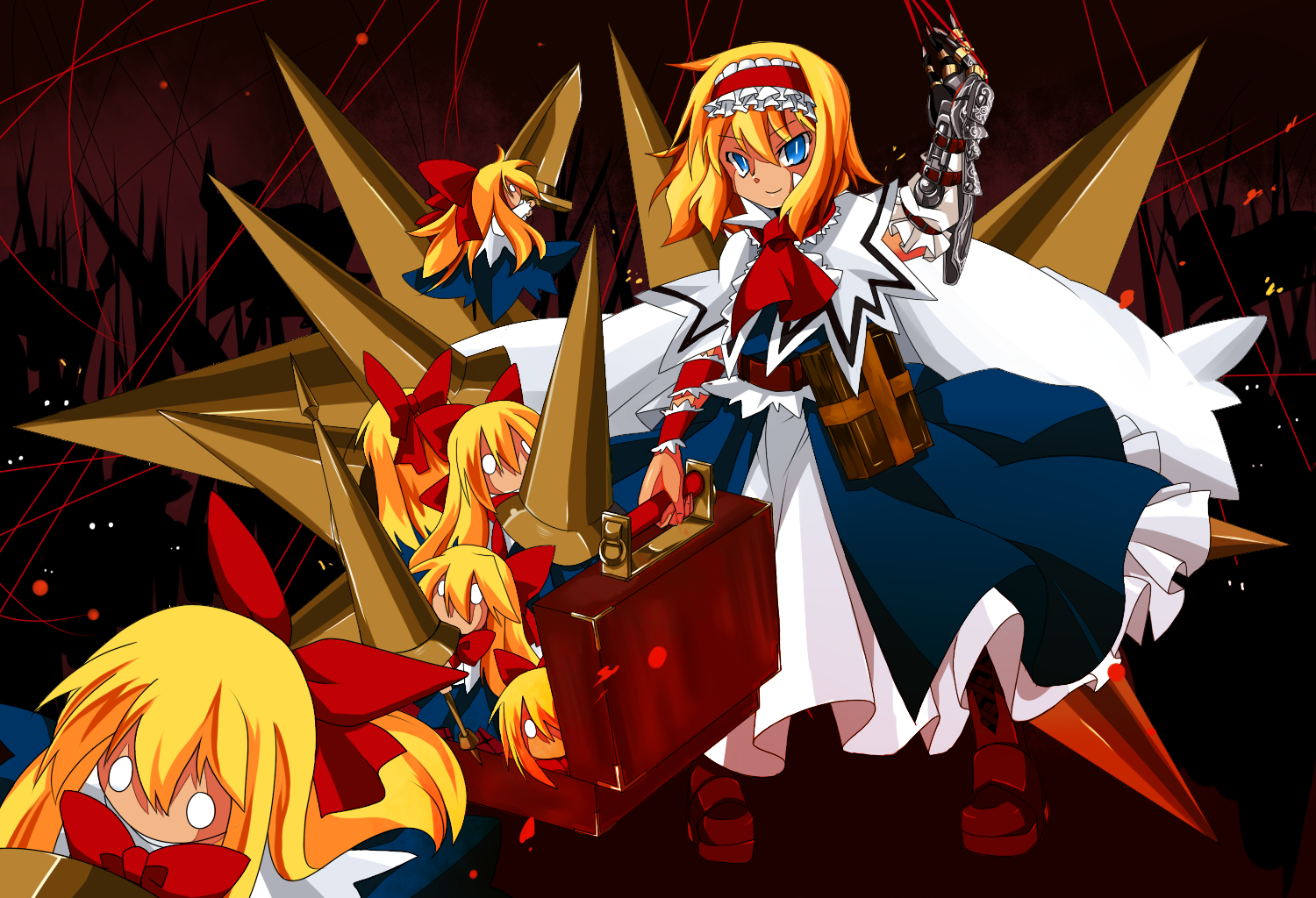 kotomuke fuurin, alice margatroid, shanghai doll, touhou, bad id, bad pixiv id, 1girl, blonde hair, doll, female focus, gauntlets, hairband, short hair, solo