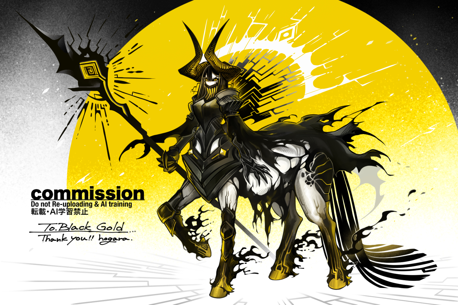 hogara, original, commentary request, commission, skeb commission, 1girl, armor, black hair, black sclera, centaur, colored sclera, colored skin, demon girl, demon horns, full body, high collar, high contrast, holding, holding staff, hooves, horns, huge horns, looking at viewer, monster girl, shoulder armor, solo, staff, taur, white skin, yellow eyes