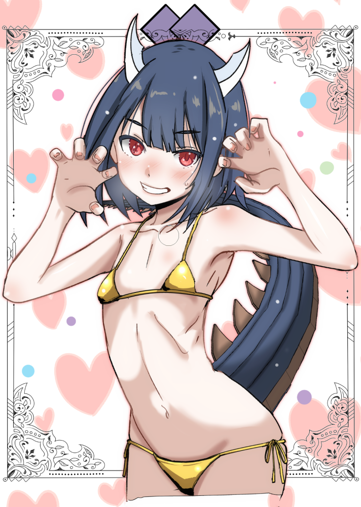 niea, aoki ruri, ruridragon, commentary request, 1girl, bikini, blue hair, blush, claw pose, dragon girl, dragon tail, flat chest, gold bikini, heavy breathing, horns, looking at viewer, navel, red eyes, short hair, side-tie bikini bottom, smile, solo, swimsuit, tail