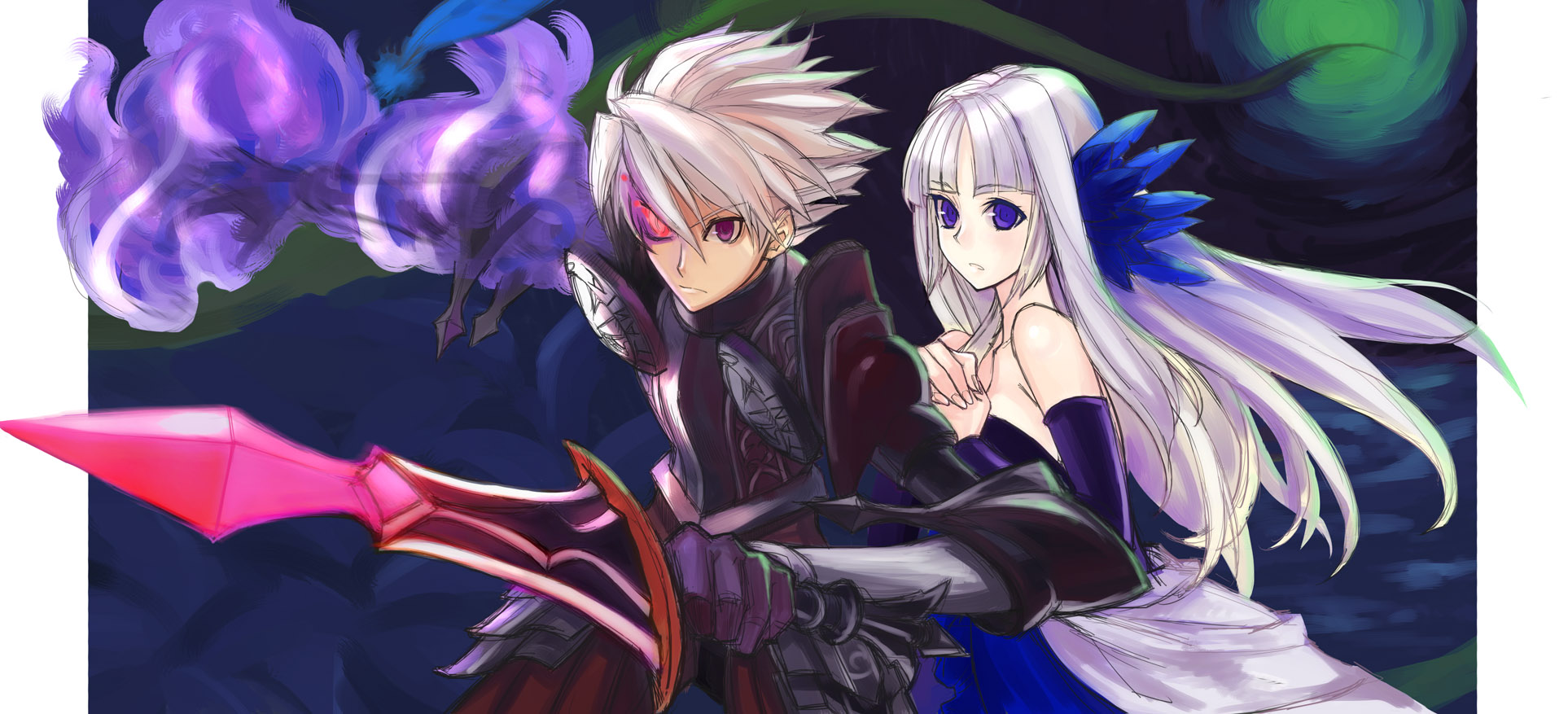 tetsu (kimuchi), gwendolyn (odin sphere), oswald, odin sphere, highres, 1boy, 1girl, armor, aura, bare shoulders, blue eyes, dress, hair down, protecting, purple eyes, strapless, strapless dress, sword, weapon, white hair