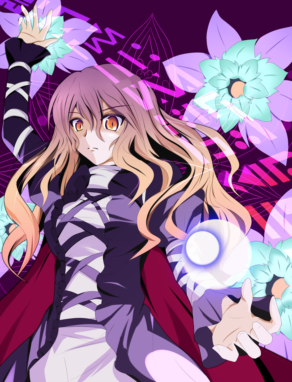 fuoco, hijiri byakuren, touhou, highres, 1girl, female focus, flower, gradient hair, long hair, multicolored hair, solo, sorcerer's sutra scroll, yellow eyes