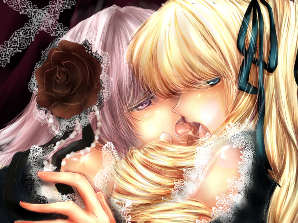 shinku, suigintou, yuki hikari, rozen maiden, silver hair, 00s, 2girls, after kiss, blonde hair, blue eyes, bow, flower, french kiss, gothic lolita, hair bow, hair flower, hair ornament, hair ribbon, incest, kiss, lace, lolita fashion, long hair, multiple girls, purple eyes, ribbon, rose, saliva, saliva trail, siblings, sisters, tongue, yuri