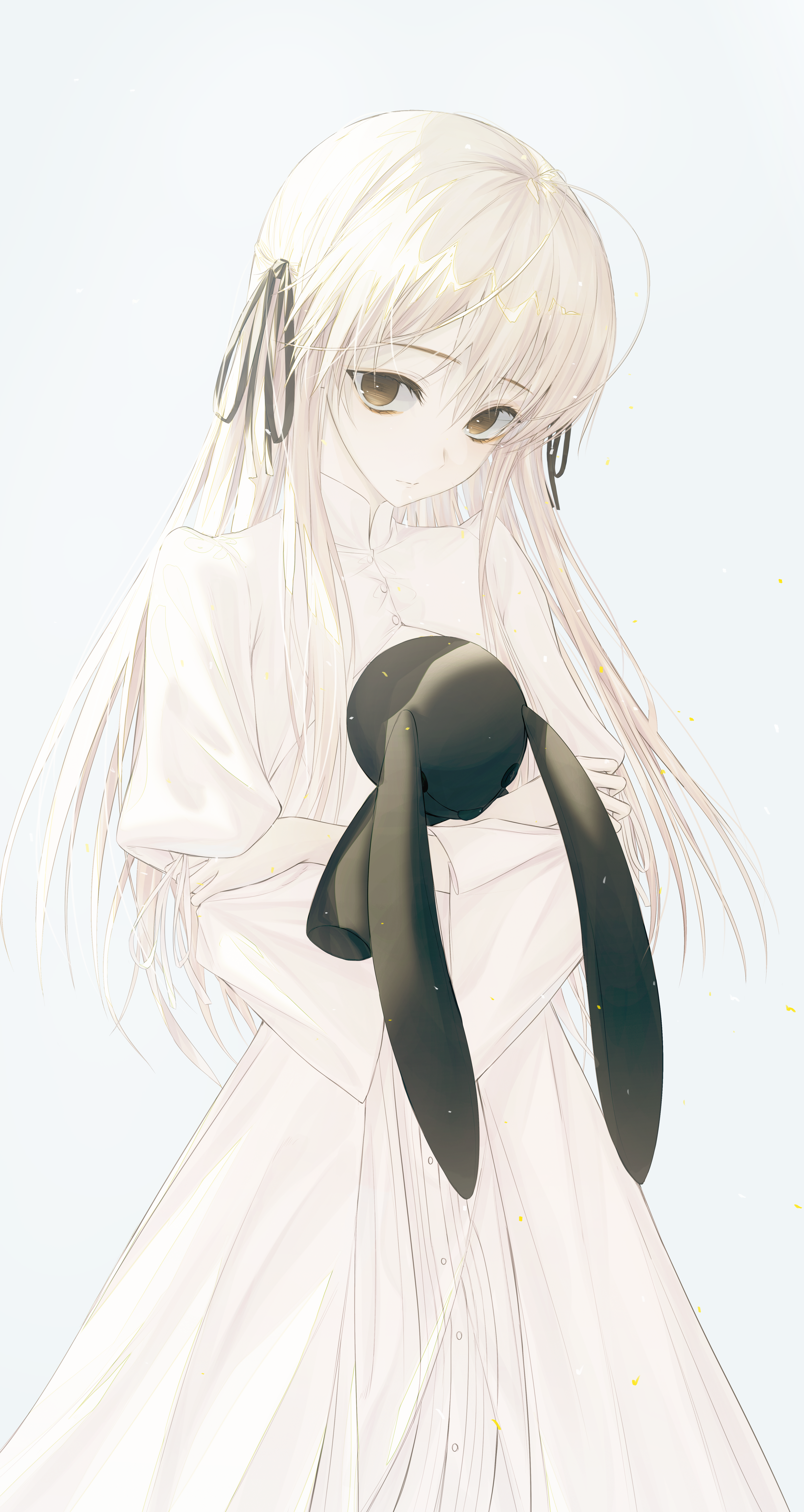 sorala (artist), kasugano sora, yosuga no sora, absurdres, chinese commentary, commentary, highres, 1girl, brown eyes, dress, expressionless, hair ribbon, holding, holding stuffed toy, long hair, looking at viewer, ribbon, solo, stuffed animal, stuffed rabbit, stuffed toy, white background, white dress, white hair