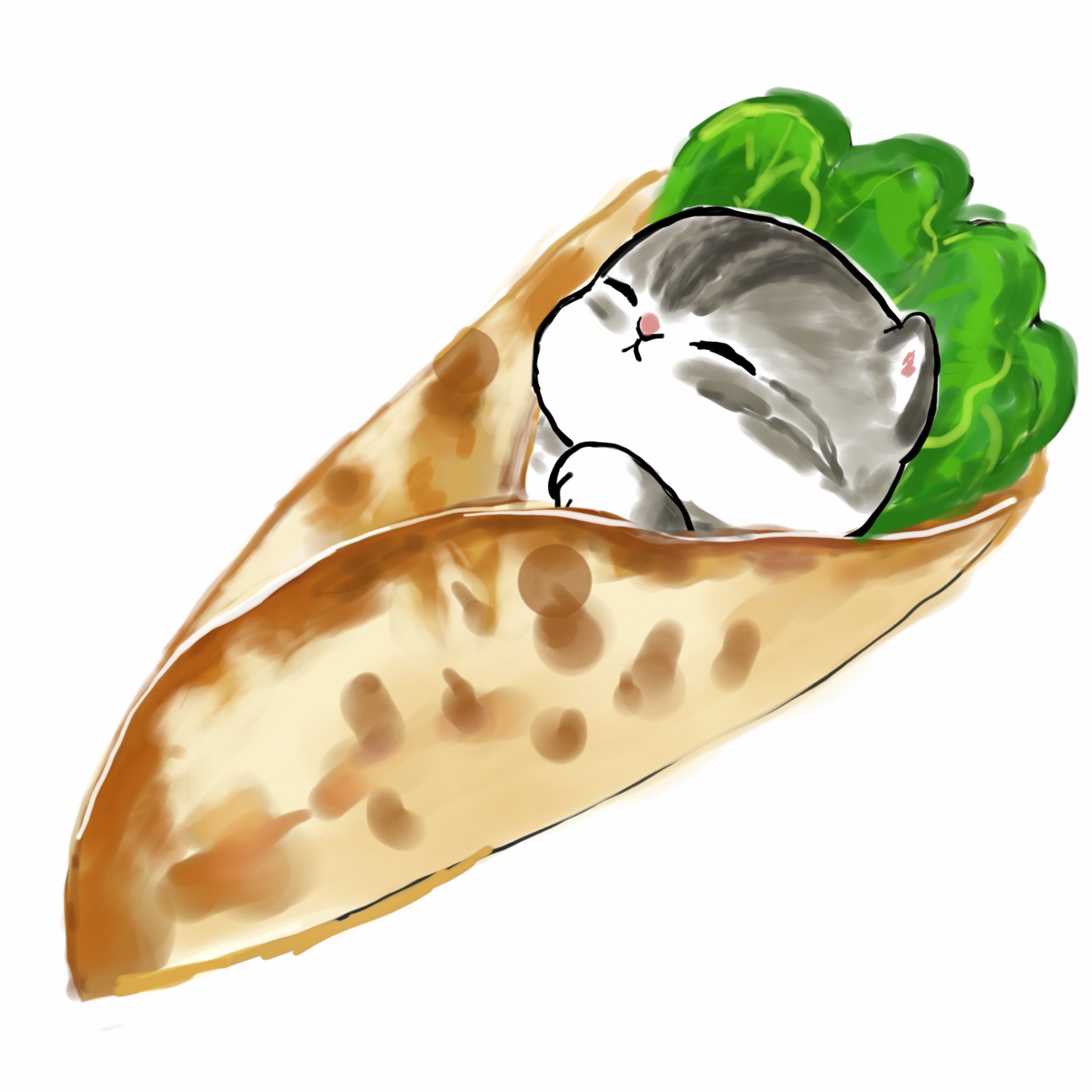 juno (mofu sand), original, commentary request, food request, highres, animal focus, cat, closed eyes, closed mouth, no humans, simple background, solo, swaddled, white background