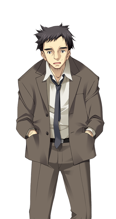 matsuo yukihiro, chaos;head, science adventure, game cg, non-web source, official art, 1boy, arm hair, ban yasuji, beard stubble, belt, belt buckle, black belt, black hair, black necktie, brown jacket, brown pants, buckle, dress shirt, dress shirtl, facial hair, hands in pockets, jacket, male focus, messy hair, necktie, oose necktie, open collar, open mouth, pants, shirt, short hair, solo, sprite, stubble, suit jacket, surprised, transparent background, white shirt, wide-eyed