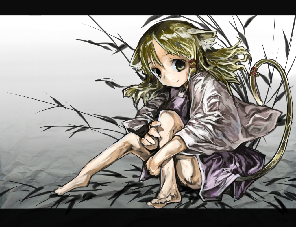 cusui, moriya suwako, touhou, bad id, bad pixiv id, 1girl, animal ears, barefoot, blonde hair, cat ears, cat girl, cat tail, feet, female focus, hugging own legs, kemonomimi mode, letterboxed, no headwear, sitting, smile, solo, tail, yellow eyes