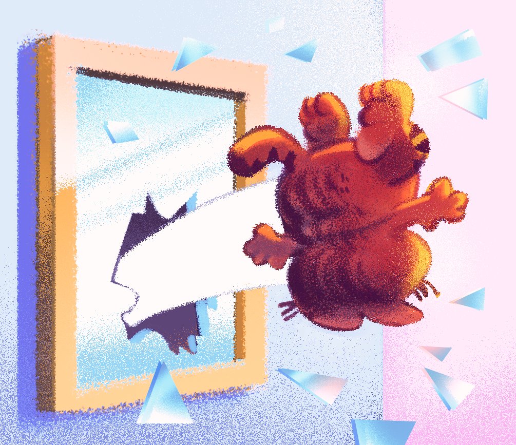 louie zong, garfield (character), garfield, commentary, derivative work, english commentary, broken glass, broken window, comic panel redraw, defenestration, full body, glass, motion lines, no humans, solo, through window, window