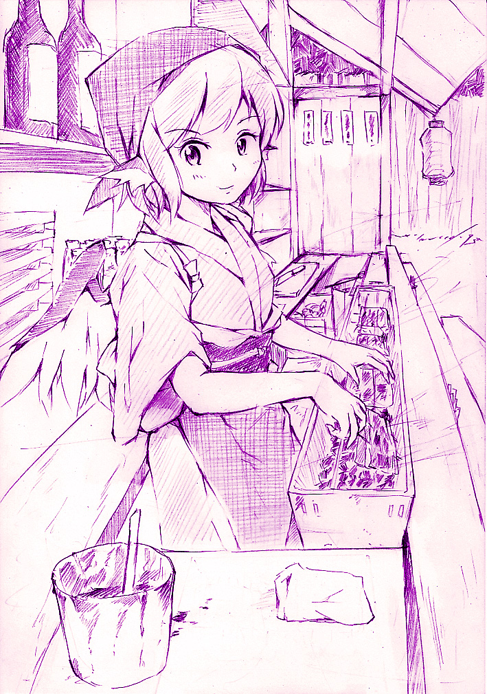 vent arbre, mystia lorelei, okamisty, touhou, graphite (medium), traditional media, 1girl, animal ears, bottle, female focus, food stand, grill, japanese clothes, monochrome, short hair, sketch, sleeves rolled up, solo, tasuki, wings