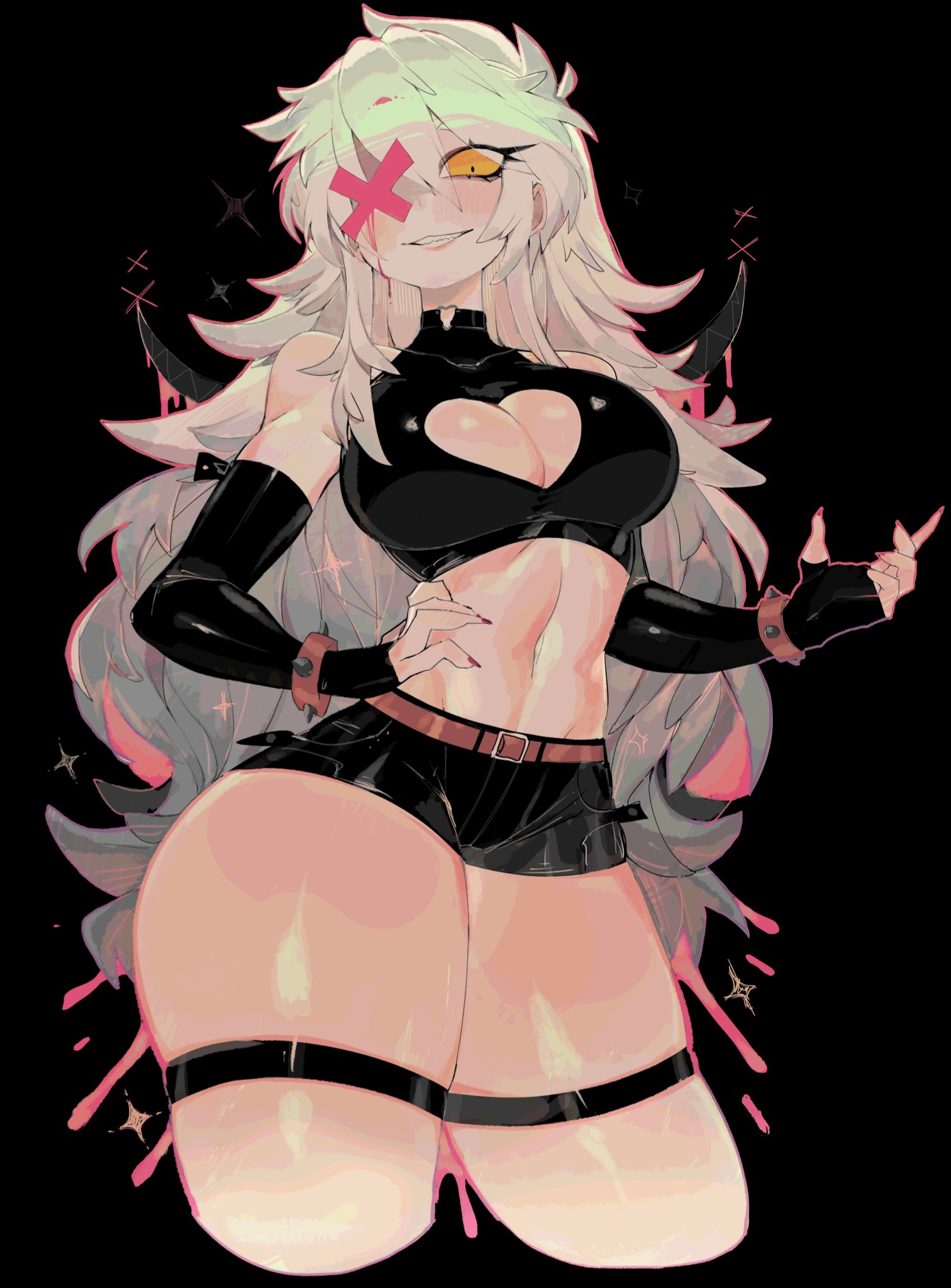 usa37107692, original, commentary, commission, english commentary, highres, 1girl, black background, black gloves, black shorts, blood, bloody tears, breasts, cleavage cutout, clothing cutout, crop top, cropped legs, double-parted bangs, elbow gloves, evil smile, fingerless gloves, gloves, grey hair, hair between eyes, hand on own hip, heart cutout, large breasts, long hair, looking at viewer, missing eye, one-eyed, short shorts, shorts, smile, solo, stomach, thick thighs, thigh strap, thighs, wide hips, yellow eyes