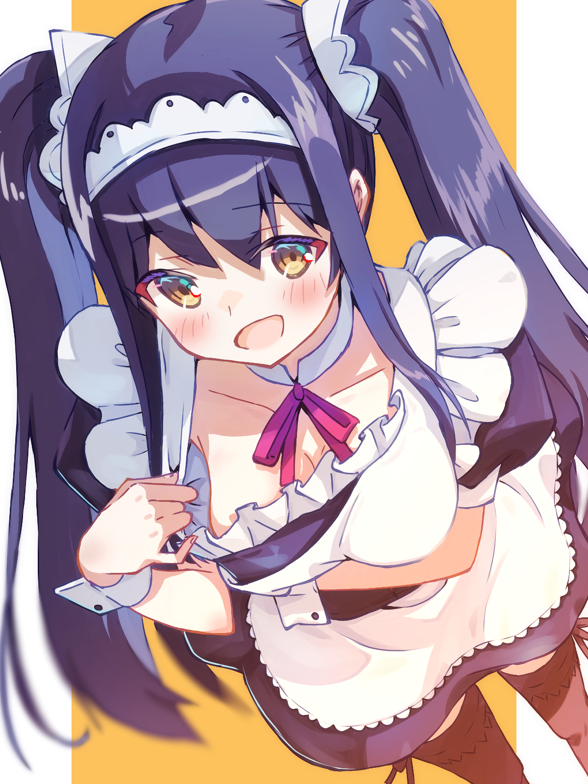 akayama yukihe, kushima kamome, summer pockets, commentary request, highres, 1girl, :d, apron, apron pull, arm under breasts, black dress, black hair, black thighhighs, blush, breasts, cleavage, clothes pull, collarbone, detached collar, downblouse, dress, dutch angle, feet out of frame, foreshortening, frilled apron, frills, hair between eyes, hand up, large breasts, long hair, looking at viewer, maid, maid apron, maid headdress, neck ribbon, official alternate costume, official alternate hairstyle, open mouth, orange background, puffy short sleeves, puffy sleeves, pulling own clothes, red ribbon, ribbon, short dress, short sleeves, sidelocks, simple background, smile, solo, standing, straight hair, thighhighs, twintails, very long hair, white apron, white wrist cuffs, wrist cuffs, yellow eyes