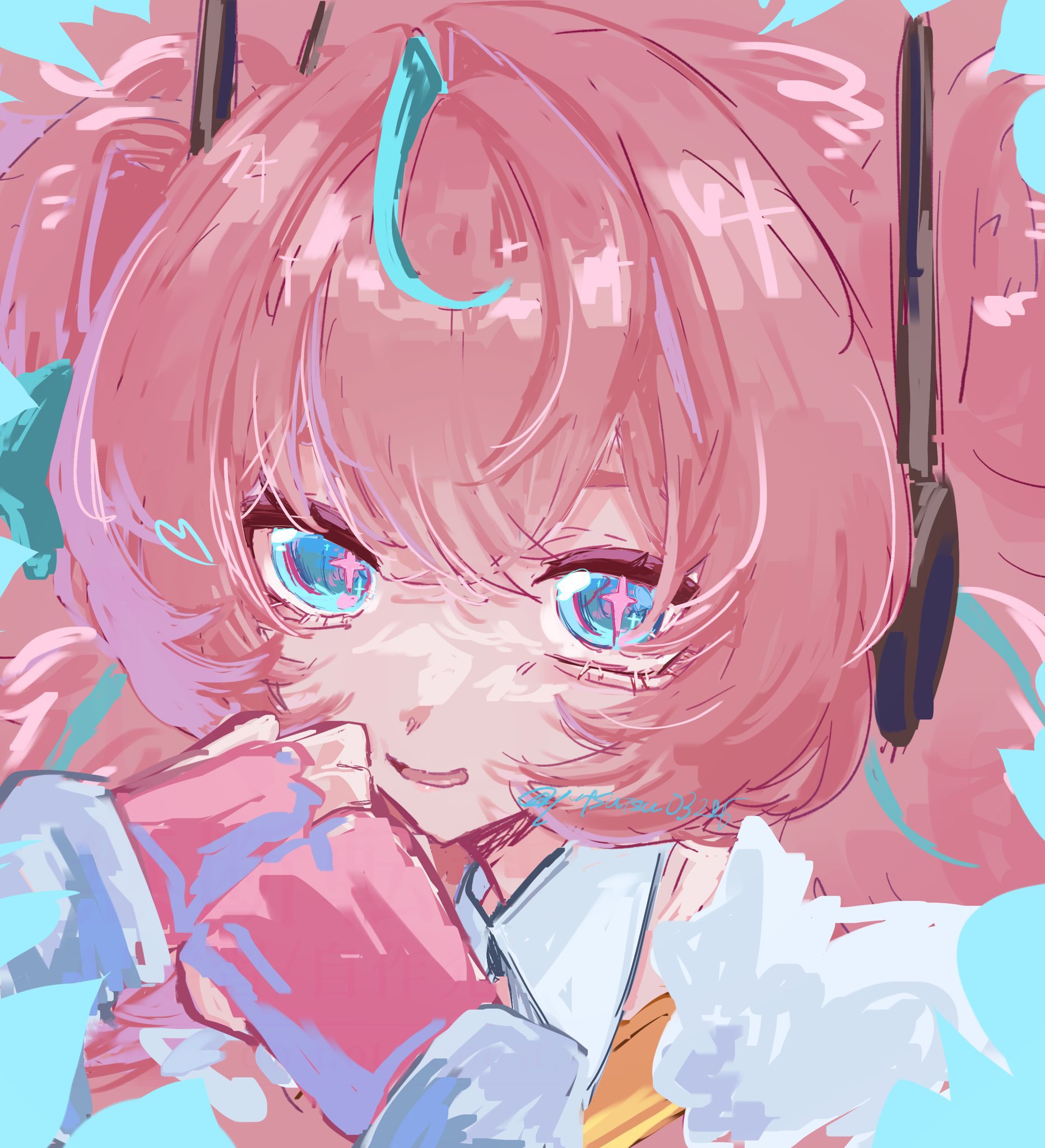 aria (zenless zone zero), zenless zone zero, hashtag-only commentary, highres, 1girl, aqua hair, aqua streaks, blue background, blue eyes, fingerless gloves, gloves, hands up, heart, looking at viewer, multicolored hair, open mouth, pink gloves, pink hair, portrait, solo, sparkling eyes, streaked hair, twitter username, yutsutsu03225