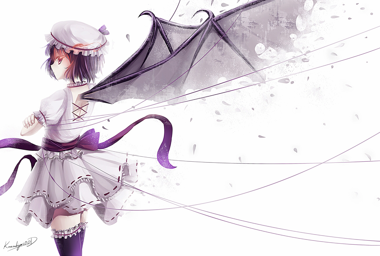 caidychen, remilia scarlet, touhou, bad id, bad pixiv id, 1girl, bat wings, blue hair, cowboy shot, crossed arms, female focus, frilled thighhighs, frills, glowing, glowing eyes, hat, looking back, petals, purple hair, red eyes, short hair, skirt, solo, standing, string, thighhighs, torn wings, wings, zettai ryouiki