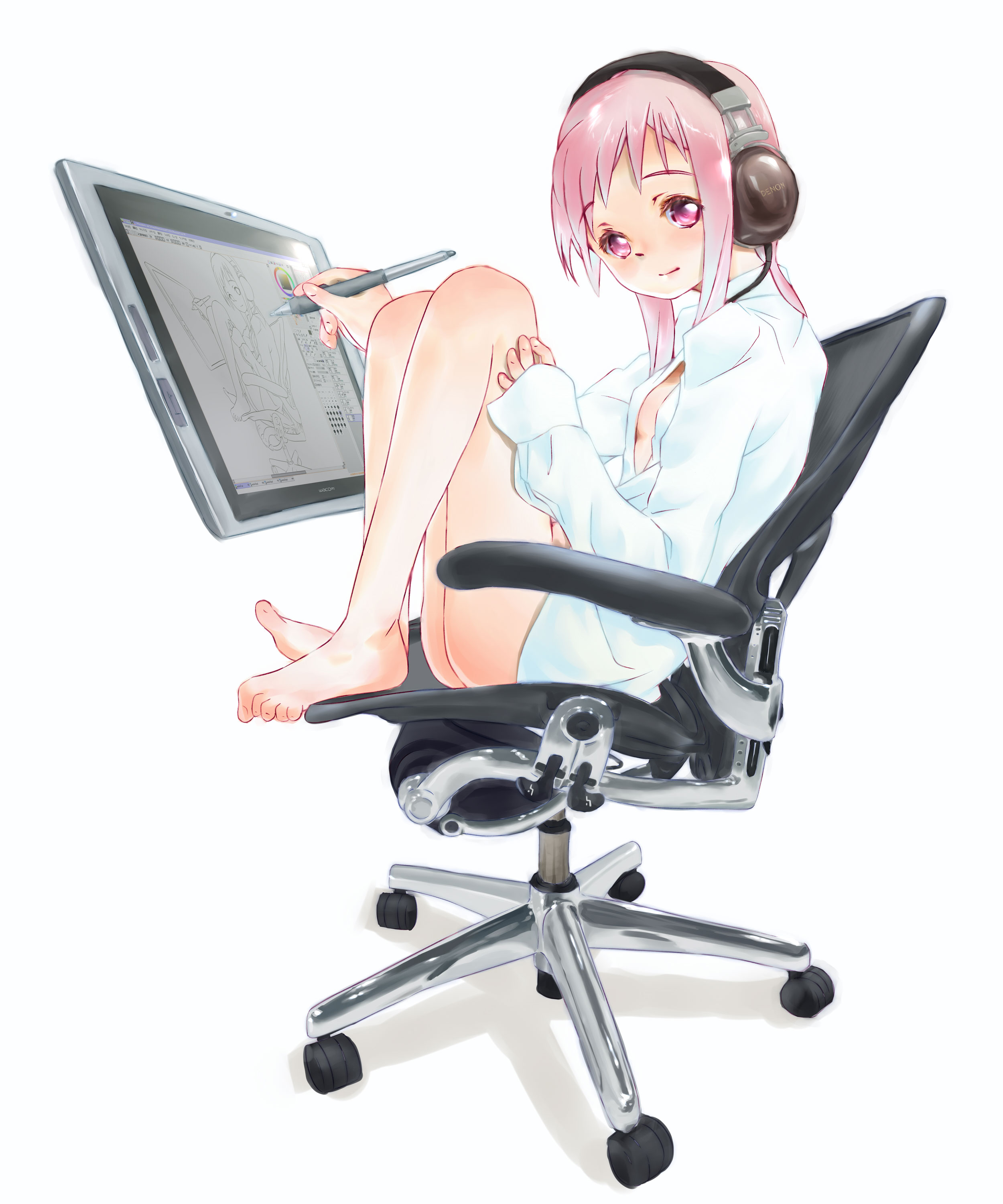 pfu, satou kou, original, painttool sai, wacom, drawing, hand on thigh, absurdres, bad id, bad pixiv id, highres, 1girl, barefoot, blush, chair, drawing tablet, dress shirt, feet, feet on chair, female focus, fingernails, full body, head tilt, headphones, holding, hugging own legs, leaning back, legs, light smile, long hair, long sleeves, looking at viewer, naked shirt, no bra, office chair, open clothes, open shirt, pink eyes, pink hair, recursion, shadow, shirt, simple background, sitting, sleeves past wrists, solo, stylus, swivel chair, toe scrunch, toes, white background