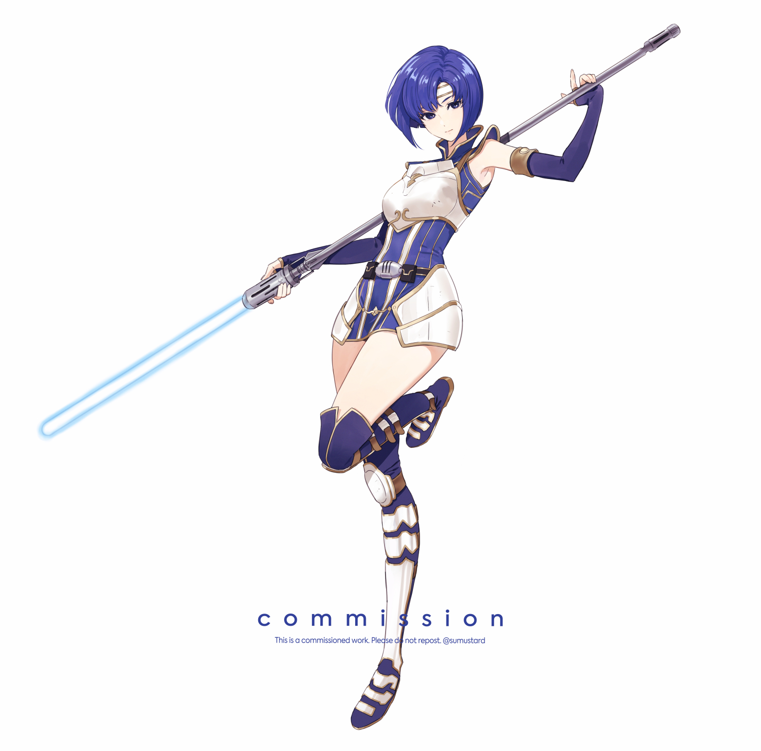 sumustard, catria (fire emblem), fire emblem, fire emblem: mystery of the emblem, nintendo, commentary, commission, highres, 1girl, alternate costume, armor, armored boots, armpits, blue boots, blue eyes, blue gloves, blue hair, blue lightsaber, blue tunic, boots, breastplate, breasts, elbow gloves, energy sword, fingerless gloves, full body, gloves, headband, holding, holding polearm, holding weapon, lightsaber, looking at viewer, medium breasts, polearm, short hair, simple background, sleeveless tunic, solo, sword, thigh boots, thighs, tunic, weapon, white background, white headband
