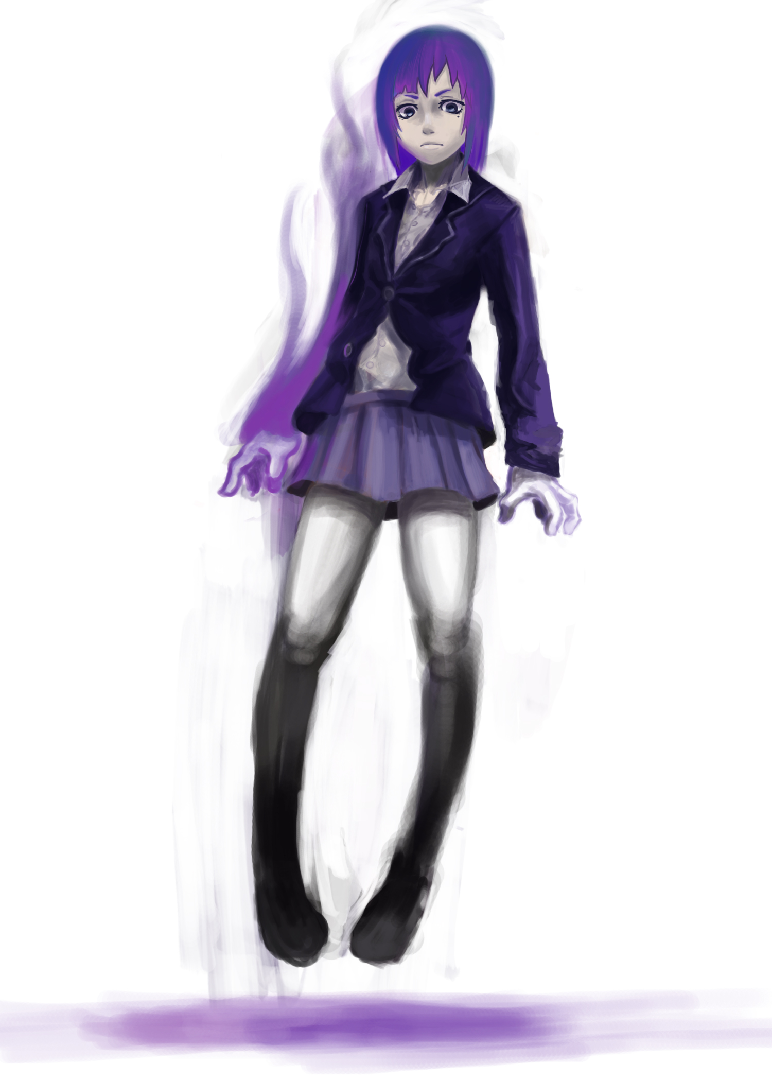 s-kan, original, bad id, bad pixiv id, highres, 1girl, female focus, floating, glowing, grey eyes, mole, mole under eye, pantyhose, purple hair, skirt, solo, white pantyhose