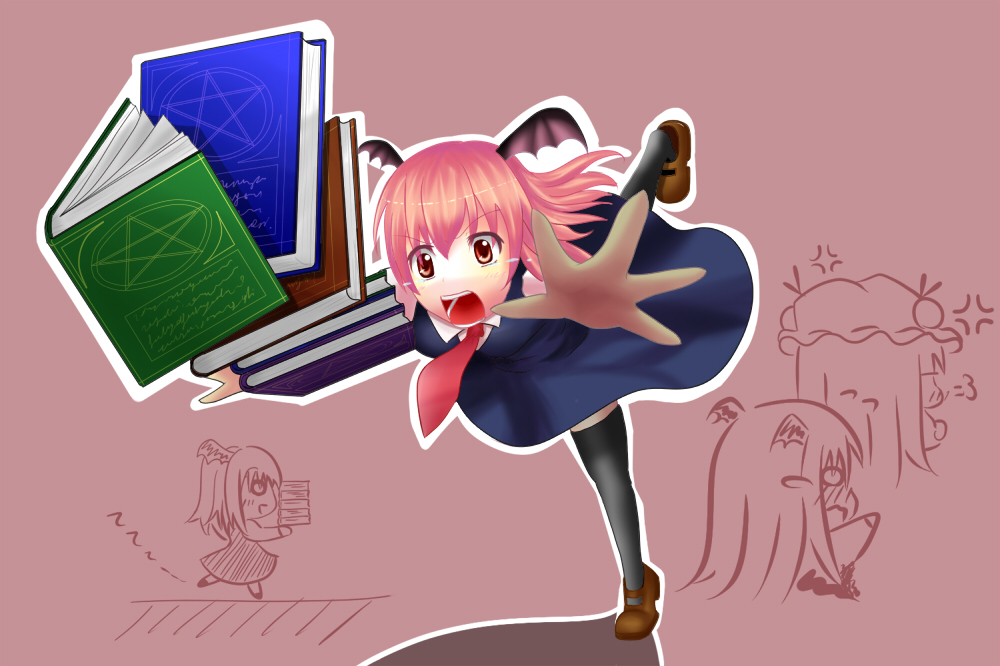 chibitora-oi, koakuma, patchouli knowledge, embodiment of scarlet devil, touhou, bad id, bad pixiv id, 2girls, bat wings, book, book focus, female focus, head wings, long hair, multiple girls, red eyes, red hair, thighhighs, tripping, wings