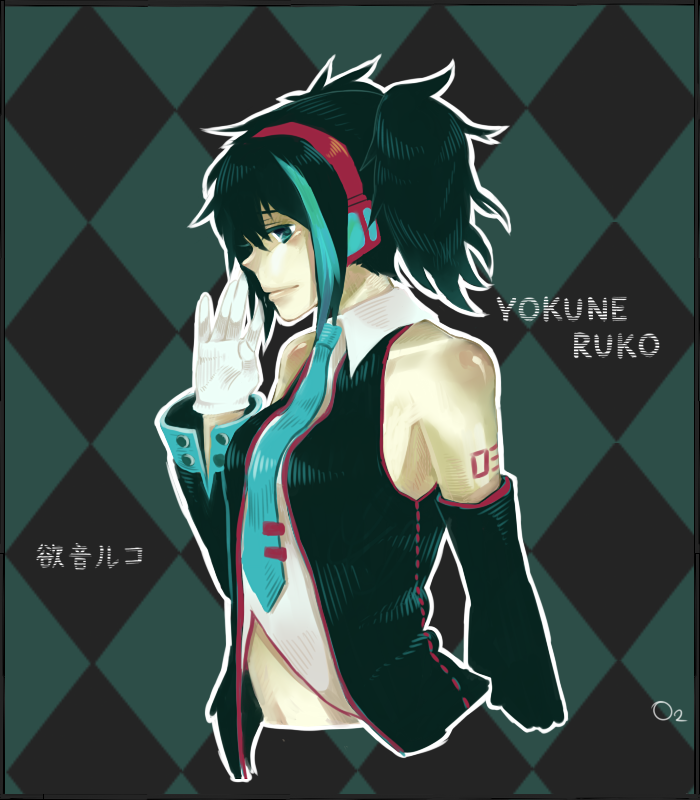 oxygen (0220), wasabibean, yokune ruko, utau, vocaloid, bad id, bad pixiv id, 1girl, black hair, blue eyes, blue necktie, detached sleeves, female focus, gloves, necktie, smile, solo, twintails