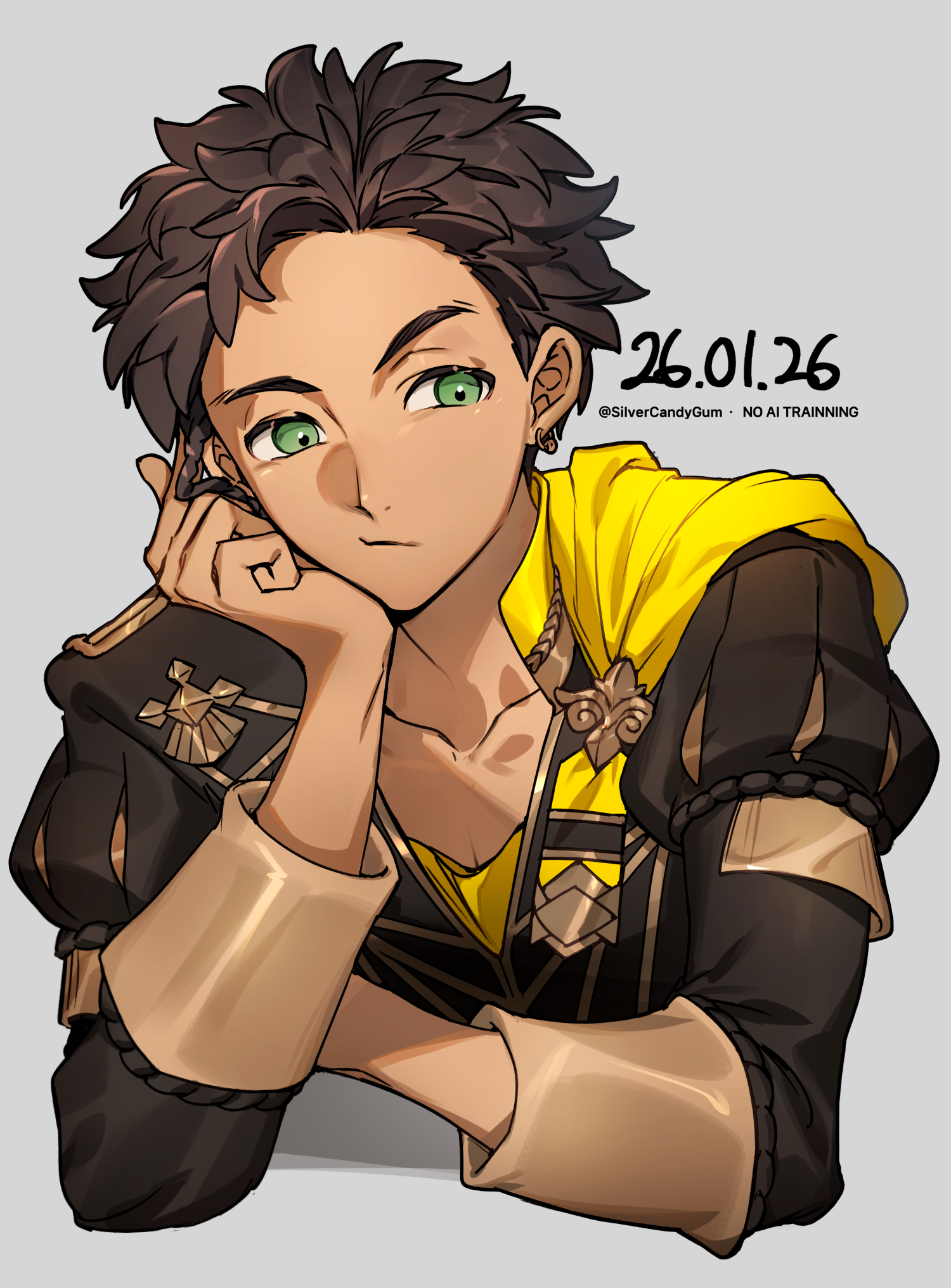 silvercandy gum, claude von riegan, fire emblem, fire emblem: three houses, nintendo, commentary, highres, 1boy, brown hair, cape, closed mouth, cropped torso, dark-skinned male, dark skin, earrings, garreg mach monastery uniform, gold cape, green eyes, head rest, jewelry, long sleeves, looking at viewer, male focus, short hair, side cape, simple background, solo, yellow cape