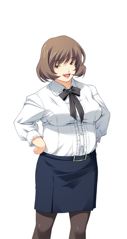 matsuo yukihiro, chaos;head, science adventure, game cg, non-web source, official art, 1girl, bob cut, breasts, brown eyes, brown hair, dress shirt, fat, frilled shirt, frilled shirt collar, frilled sleeves, frills, hands on own hips, looking at viewer, mature female, medium breasts, momose katsuko, open mouth, pantyhose, pencil skirt, red lips, shirt, shirt tucked in, short hair, skirt, smile, solo, sprite, transparent background