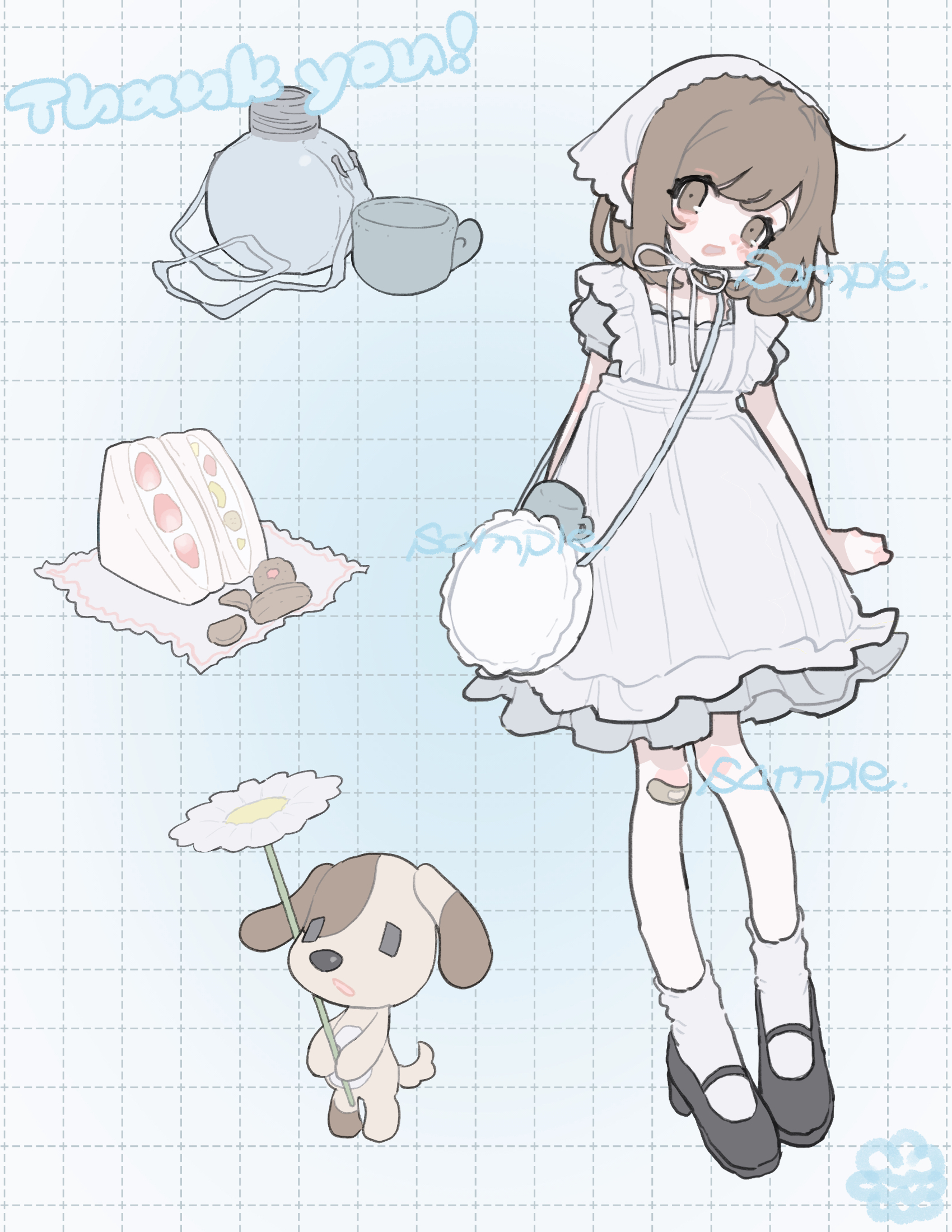 am314, original, commentary request, commission, highres, skeb commission, 1girl, apron, black shoes, blue background, blue dress, blush, brown eyes, brown hair, canteen, cup, dog, dress, flower, fruit sandwich, full body, grid background, headscarf, holding, holding flower, mary janes, open mouth, sample watermark, shoes, short hair, short sleeves, simple background, smile, socks, solo, watermark, white apron, white background, white flower, white socks