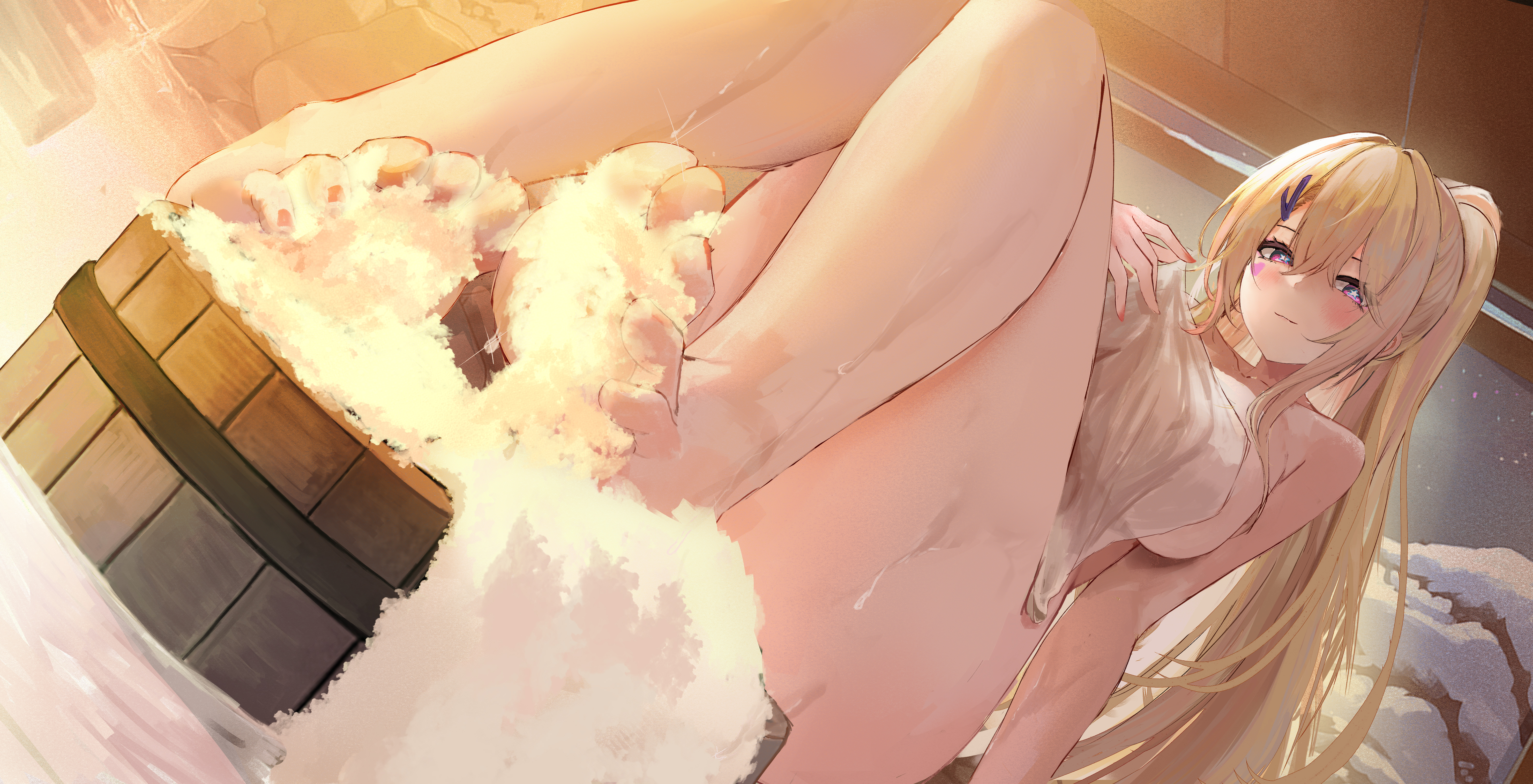 suo bu ye feng, guam (azur lane), azur lane, absurdres, commentary request, highres, 1girl, barefoot, bathing, blonde hair, blush, breasts, closed mouth, facial mark, feet, foot focus, full body, hair between eyes, hair ornament, hairclip, hand up, heart, heart facial mark, large breasts, legs, long hair, looking at viewer, naked towel, onsen, ponytail, purple eyes, sitting, snow, solo, star-shaped pupils, star (symbol), symbol-shaped pupils, thighs, toenails, toes, towel, water