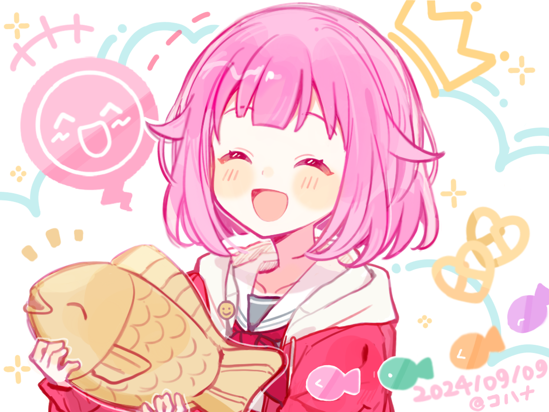 cohana, ootori emu, project sekai, chinese commentary, commentary request, +++, 1girl, 2024, :d, ^ ^, animal-themed food, blush, cardigan, center-flap bangs, closed eyes, collarbone, dated, drawn crown, facing ahead, fish, food, grey shirt, hair flaps, hands up, holding, holding food, hood, hood down, hooded cardigan, long sleeves, miyamasuzaka girls' academy school uniform, neckerchief, open cardigan, open clothes, open mouth, pink hair, puffy long sleeves, puffy sleeves, red cardigan, red neckerchief, sailor collar, school uniform, shirt, short bangs, short hair, simple background, smile, solo, sparkle, spoken expression, tongue, upper body, white background, white hood, white sailor collar