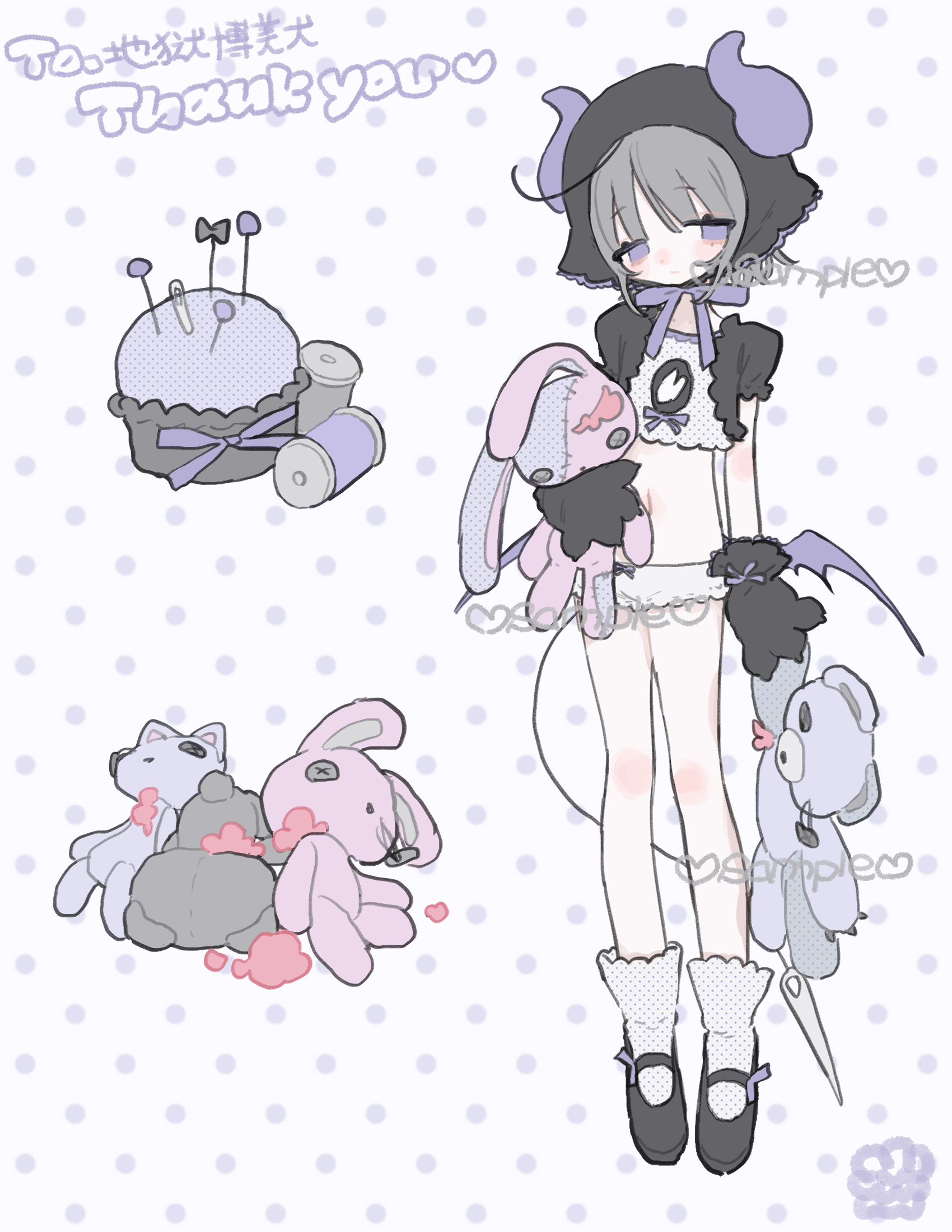 am314, original, commentary request, commission, highres, skeb commission, 1girl, animal hands, black gloves, black headband, black shoes, bow, crop top, empty eyes, frown, full body, gloves, grey hair, headband, holding, holding toy, horns, horns through headwear, looking to the side, low wings, mary janes, needle, paw gloves, pincushion, polka dot, polka dot background, purple bow, purple eyes, purple horns, purple wings, sample watermark, sewing pin, shirt, shoes, short hair, shorts, simple background, socks, solo, spool, tail, torn stuffed toy, toy, watermark, white background, white shirt, white shorts, white socks, wings