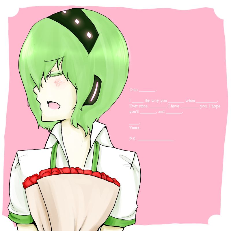yuuta warune, utau, vocaloid, apron, blush, child, green hair, valentine