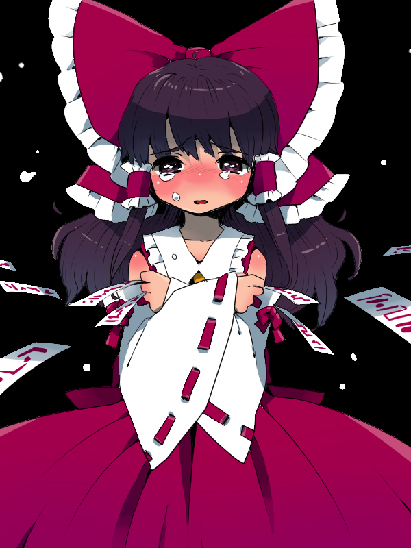 ichihaya, hakurei reimu, touhou, 1girl, blush, bow, brown hair, detached sleeves, female focus, hair bow, japanese clothes, long hair, miko, red eyes, solo, tears