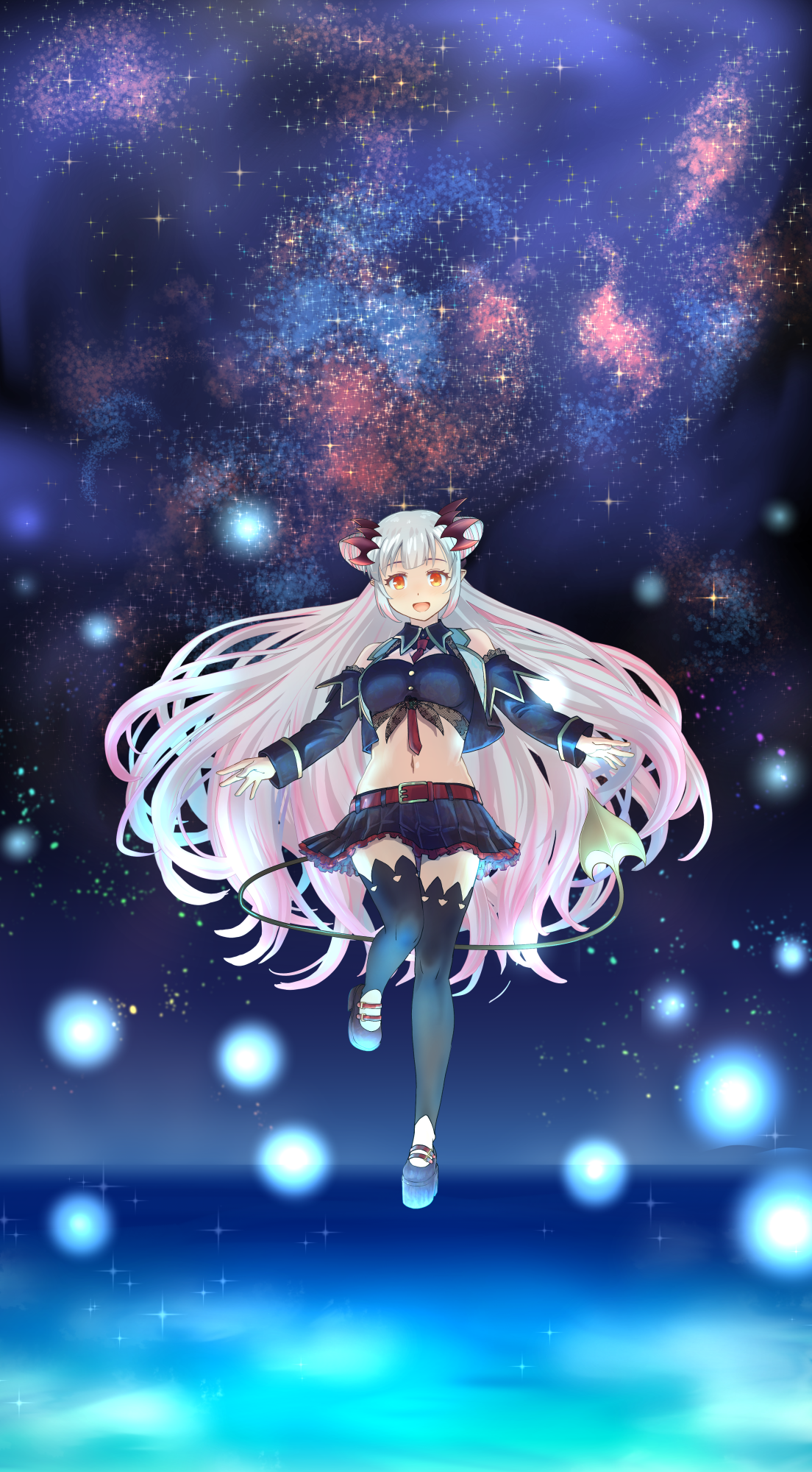 haniwa (leaf garden), suou patra, suou patra (1st costume), nanashi inc., commentary request, highres, 1girl, :d, arms at sides, bare shoulders, belt, between breasts, black shirt, black shoes, black skirt, black sleeves, black thighhighs, black vest, breasts, circle skirt, cleavage cutout, clothing cutout, collared shirt, cone hair bun, crop top, cropped shirt, cropped vest, demon girl, demon horns, demon tail, detached sleeves, double bun, frilled skirt, frills, glowing floor, gradient hair, grey hair, hair bun, headgear, high heels, horns, knees up, large breasts, long hair, long sleeves, lowleg, lowleg skirt, midriff, miniskirt, multicolored hair, navel, necktie, necktie between breasts, open clothes, open mouth, open vest, orange eyes, outstretched arms, pink hair, pink streaks, platform heels, platform shoes, pleated skirt, pointy ears, red belt, red horns, red necktie, shirt, shoes, side up bun, skirt, skirt flip, sleeveless, sleeveless shirt, smile, solo, standing, standing on one leg, stirrup legwear, streaked hair, tail, thighhighs, toeless legwear, very long hair, vest, virtual youtuber, wide hips