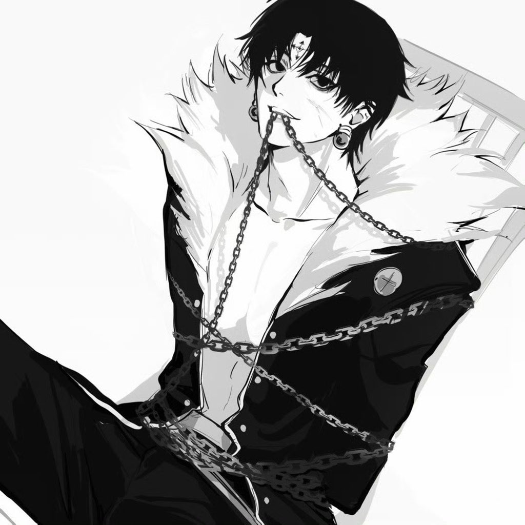 shouka (ly880217), chrollo lucilfer, hunter x hunter, 1boy, arms behind back, belt, bound, chain, chair, crew neck, earrings, facial mark, forehead mark, fur trim, greyscale, jacket, jewelry, long sleeves, looking to the side, male focus, monochrome, pants, sideways glance, simple background, sitting, smile, solo, sphere earrings, tied up (nonsexual), white background