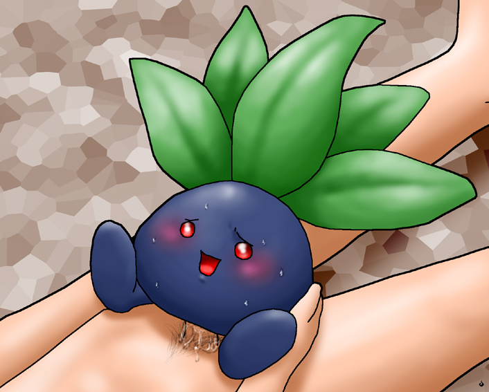 oddish, nintendo, pokemon, blush, furry, gen 1 pokemon, penis, pokemon (creature), pubic hair, red eyes, sweat