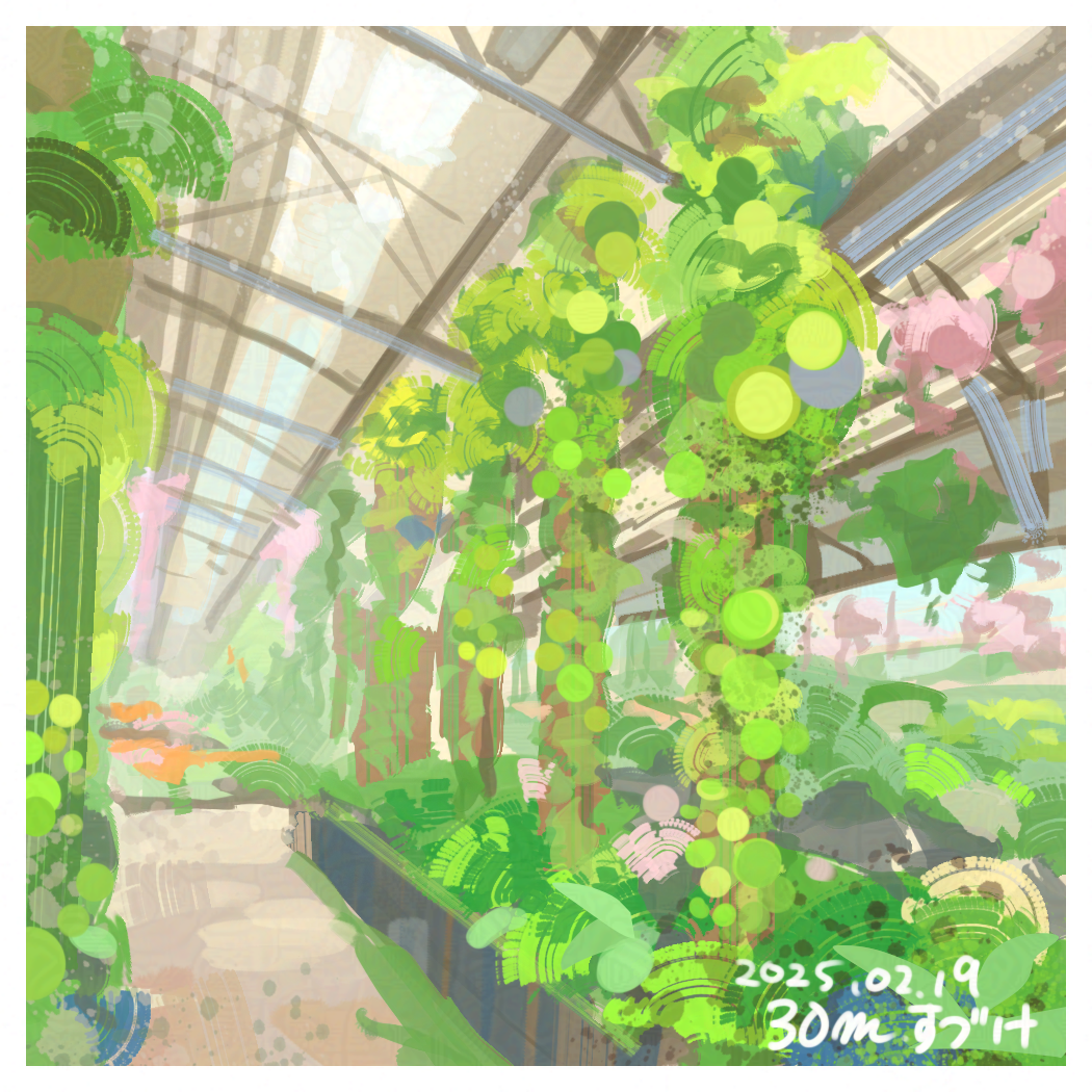 suzuke, original, commentary request, border, dated, flower, flower bed, greenhouse, indoors, no humans, one-hour drawing challenge, path, pink flower, plant, road, scenery, vines, white border, window