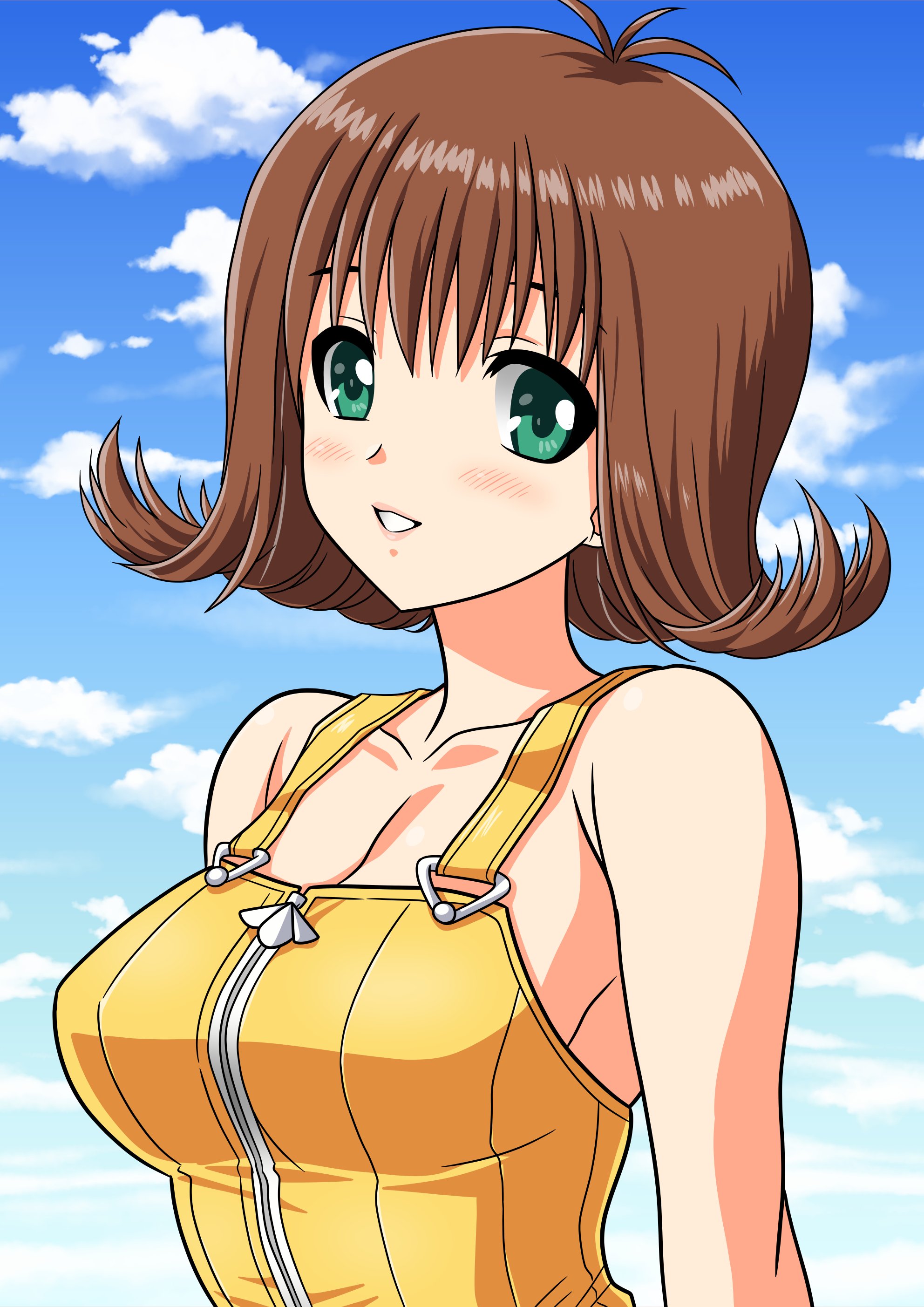 yuuyuu (3jjbn), selphie tilmitt, final fantasy, final fantasy viii, absurdres, commentary request, highres, 1girl, blue sky, breasts, brown hair, cleavage, flipped hair, green eyes, large breasts, looking at viewer, overalls, short hair, sky, smile, solo, yellow overalls