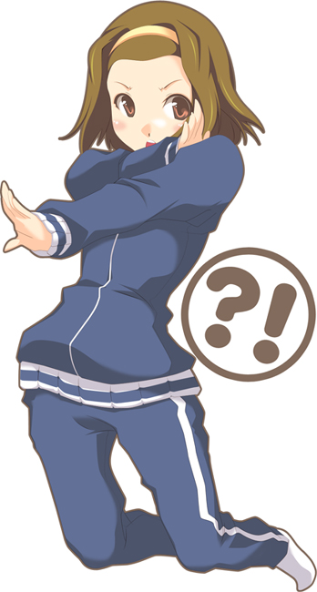 akaho sakura, tainaka ritsu, k-on!, bad id, bad pixiv id, !?, 1girl, brown eyes, brown hair, female focus, full body, hairband, short hair, simple background, solo, track suit, white background