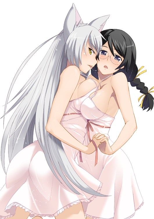 inue shinsuke, black hanekawa, hanekawa tsubasa, bakemonogatari, monogatari (series), nekomonogatari, 10s, 2girls, animal ears, black hair, blue eyes, braid, breast press, breasts, chemise, dual persona, glasses, hair ribbon, holding hands, mirror opposites, multiple girls, ribbon, saliva, saliva trail, selfcest, symmetrical docking, white hair, yellow eyes, yuri