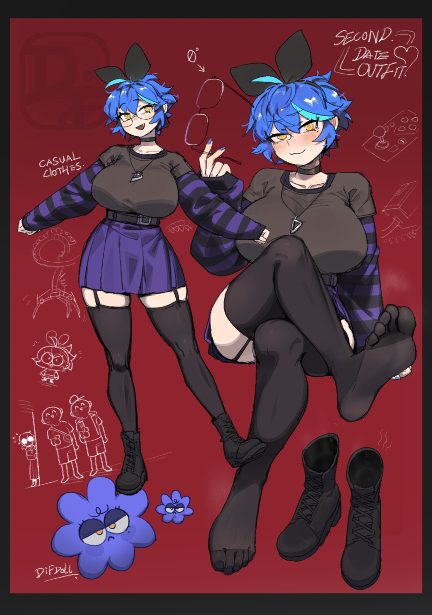 difman, dif (difman), luna (difman), original, commentary, english commentary, highres, 2girls, 2others, :3, bespectacled, black boots, black choker, black hairband, black shirt, black thighhighs, blue hair, blue nails, blush, boots, breasts, brown eyes, choker, closed mouth, collarbone, english text, fang, garter straps, glasses, hairband, jewelry, lace-up boots, large breasts, long sleeves, looking at viewer, multicolored hair, multiple girls, multiple others, necklace, open mouth, pleated skirt, purple skirt, red background, round eyewear, shirt, short hair, simple background, skirt, smile, t-shirt, thighhighs