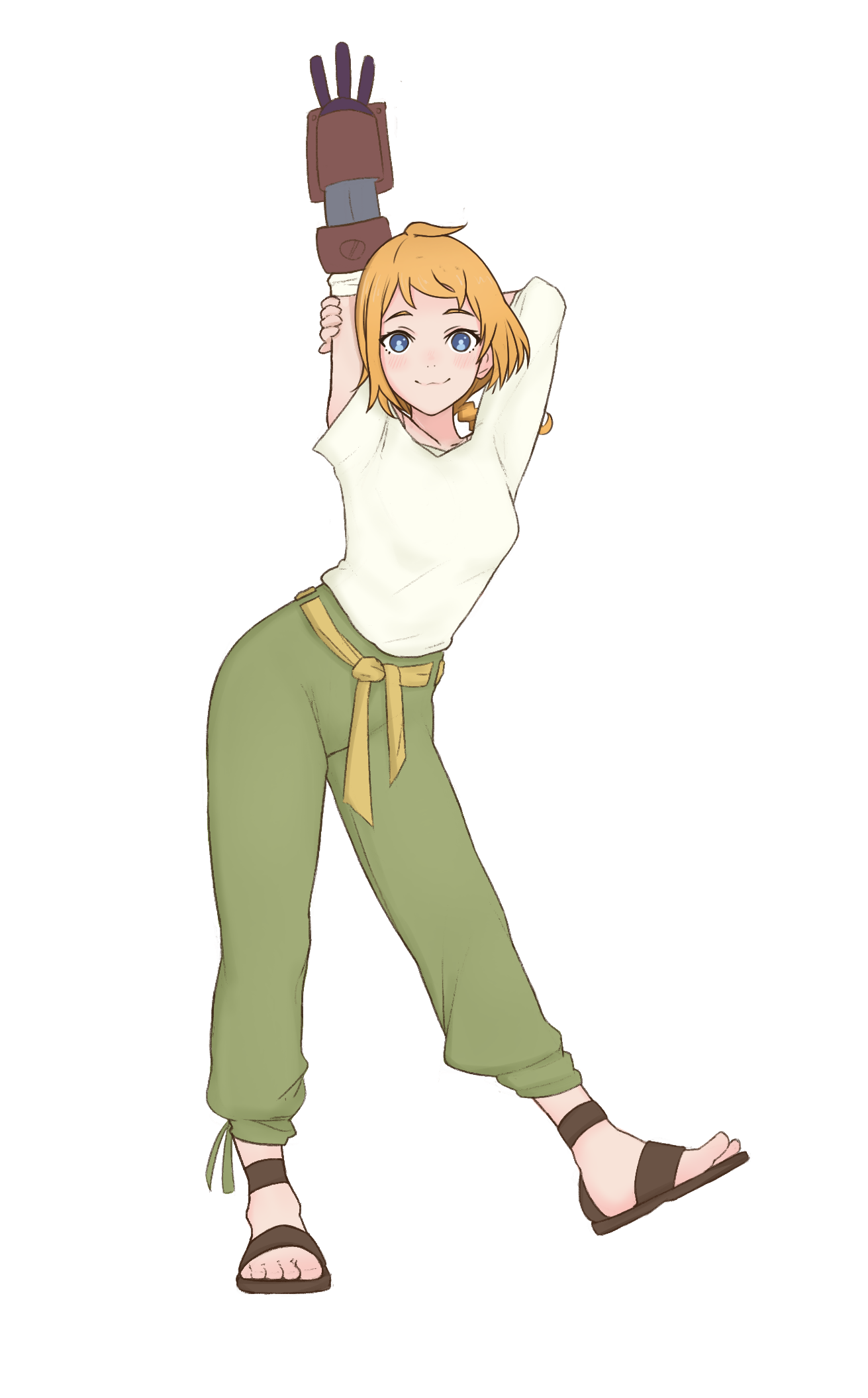 andreypavlow, natsume (decadence), decadence (anime), commentary, commission, english commentary, highres, 1girl, :3, arm behind head, arm up, asymmetrical sleeves, blonde hair, blue eyes, braid, breasts, closed mouth, feet, full body, green pants, hand on own arm, light blush, looking at viewer, medium breasts, pants, prosthesis, prosthetic arm, rope belt, sandals, shirt, simple background, smile, solo, standing, standing on one leg, toes, uneven sleeves, white background, white shirt