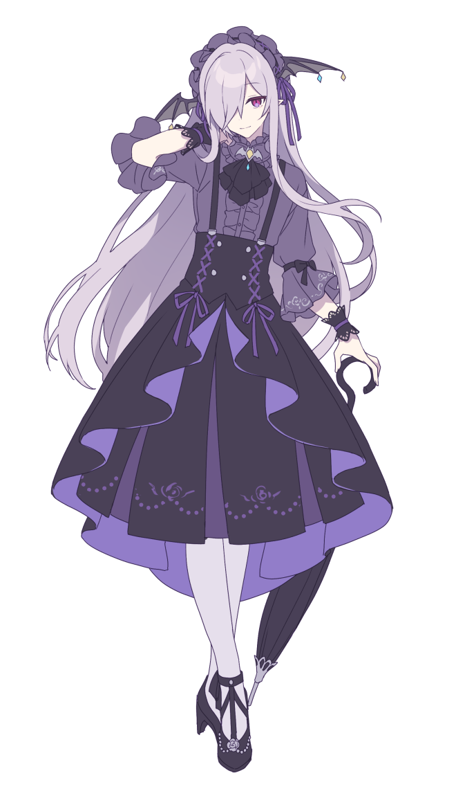 hijiri (resetter), original, commentary request, 1girl, black shoes, black skirt, black umbrella, center frills, closed mouth, closed umbrella, frills, full body, grey hair, grey shirt, grey wings, hair over one eye, head wings, high heels, long hair, pleated skirt, puffy short sleeves, puffy sleeves, purple eyes, shirt, shoes, short sleeves, simple background, skirt, smile, solo, standing, suspender skirt, suspenders, umbrella, very long hair, white background, wings, wrist cuffs