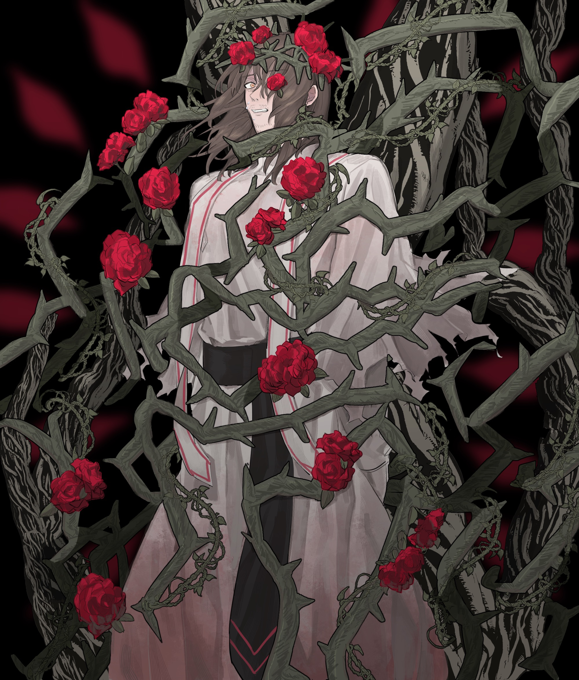 gregor (project moon), limbus company, project moon, absurdres, highres, 1boy, alternate costume, arms at sides, beard stubble, black background, black sash, blurry, brown hair, capelet, cowboy shot, crown of thorns, depth of field, dress, e.g.o (project moon), facial hair, facial mark, falling petals, feet out of frame, floating, floating hair, flower, flower wreath, formal clothes, from side, garden of thorns (e.g.o), gloves, hair between eyes, hair flower, hair ornament, hair over one eye, hair vines, hairband, half-closed eyes, head wreath, leaf, long hair, long sleeves, looking at viewer, looking to the side, male bride, male focus, official alternate costume, one eye covered, pants, parted bangs, parted lips, petals, plant, red flower, red rose, red strips, rose, rose petals, sash, shoulder sash, sideways glance, simple background, solo, standing, stubble, teeth, thorns, too many, too many flowers, torn capelet, torn clothes, vines, waist sash, white dress, white gloves, white pants, white sash, yellow eyes