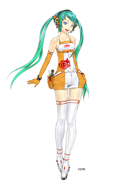 redjuice, hatsune miku, racing miku, goodsmile company, goodsmile racing, vocaloid, 1girl, bare shoulders, copyright notice, female focus, full body, gloves, green hair, legs, long hair, race queen, shorts, simple background, solo, thighhighs, twintails, white background, white thighhighs
