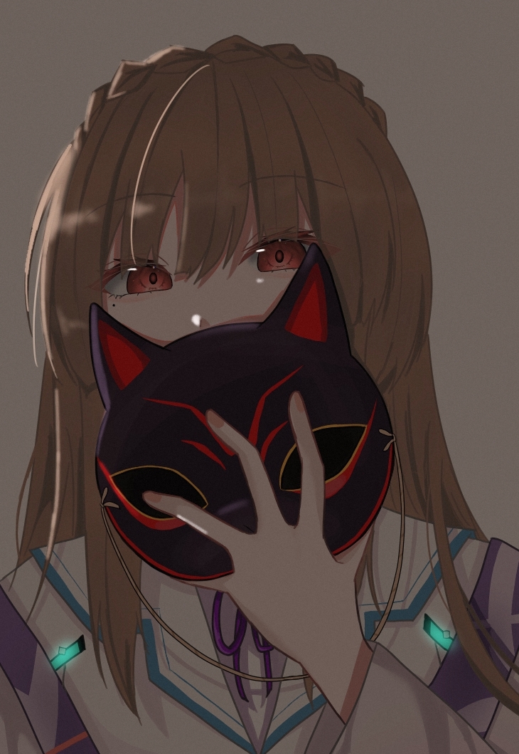 e69465, kiryuu miya, heaven burns red, commentary request, 1girl, braid, brown hair, fox mask, japanese clothes, kimono, long hair, mask, red eyes, unworn mask