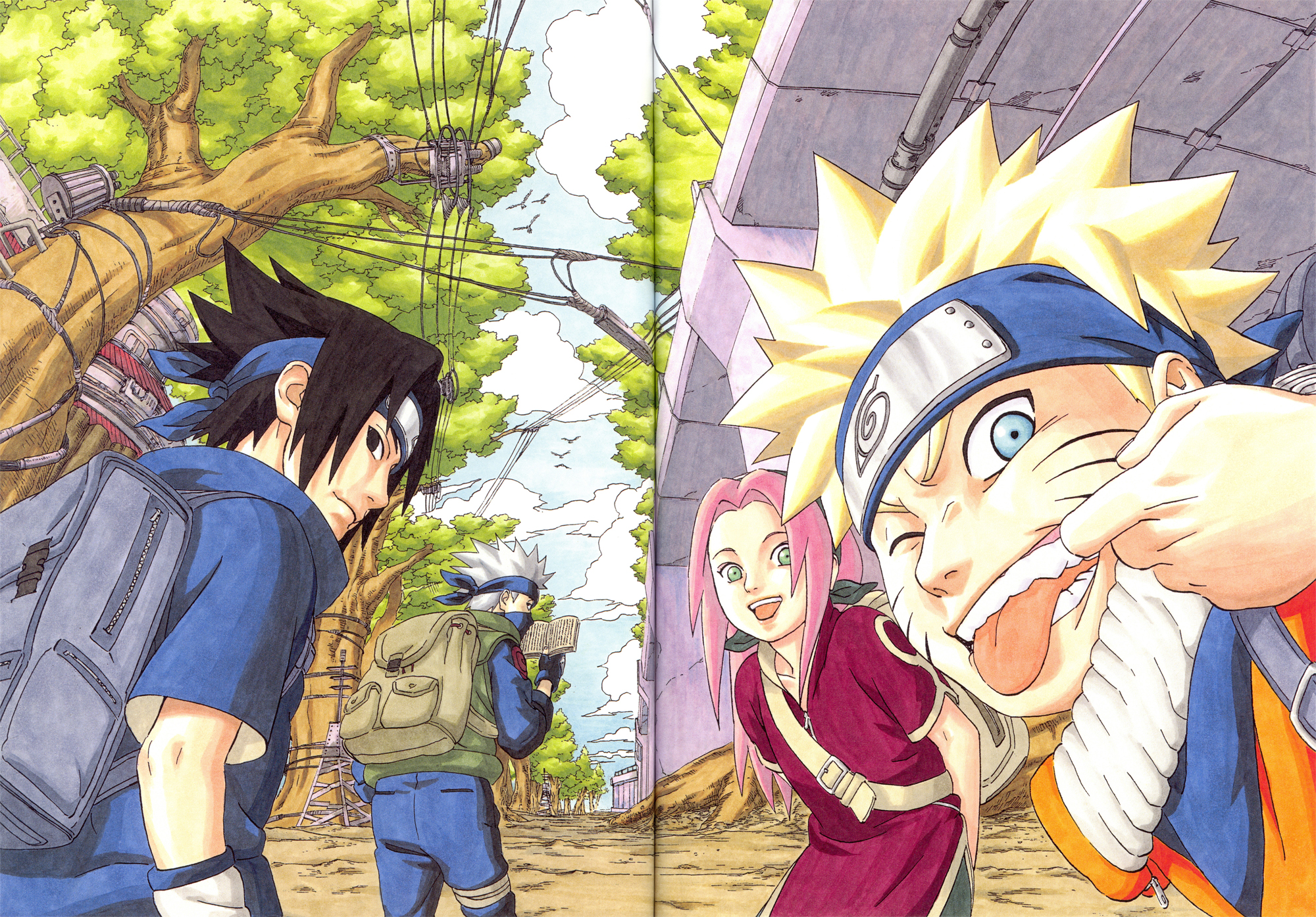 kishimoto masashi, haruno sakura, hatake kakashi, uchiha sasuke, uzumaki naruto, naruto (classic), naruto (series), uniform, cleaned, highres, marker (medium), official art, traditional media, 1girl, 3boys, backpack, bag, emblem, english text, facial mark, from behind, grimace, headband, looking at viewer, looking back, mask, mouth mask, multiple boys, ninja mask, outdoors, plant, spiked hair, team 7 (naruto), tree, vest, whisker markings