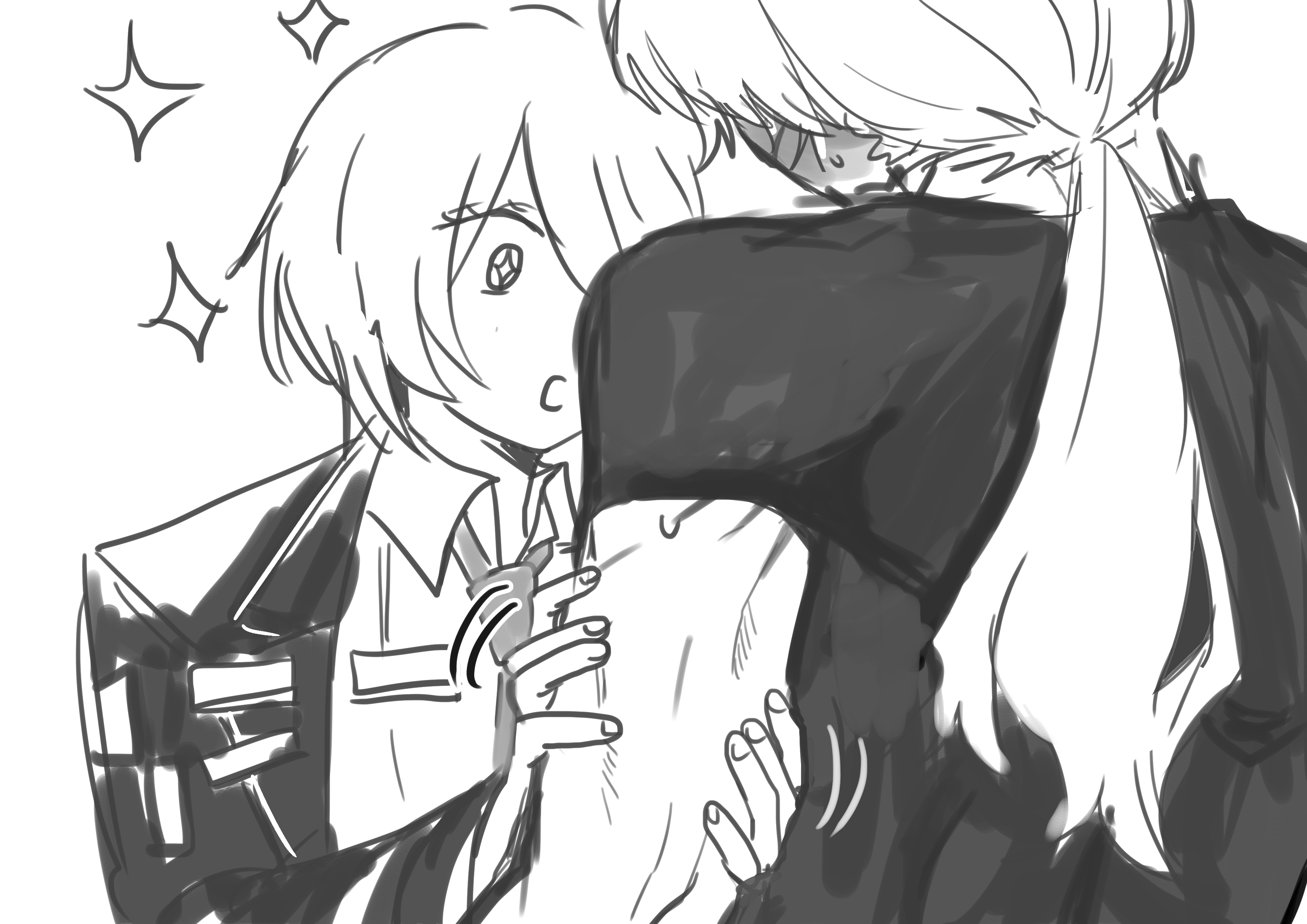 nugii, a certain sinclair (project moon), don quixote (project moon), sinclair (project moon), limbus company, project moon, absurdres, commentary, highres, 1boy, 1girl, arm at side, awestruck, blush, breast pocket, collared shirt, dress shirt, eyelashes, fingernails, greyscale, hair over one eye, holding another's arm, jacket, lapels, long hair, long sleeves, looking at another, low ponytail, monochrome, necktie, open clothes, open jacket, open mouth, pocket, ponytail, shirt, short hair, short sleeves, sketch, sparkling eyes, suit jacket, sweatdrop, swept bangs, toned, toned male, undershirt, white background, wing collar