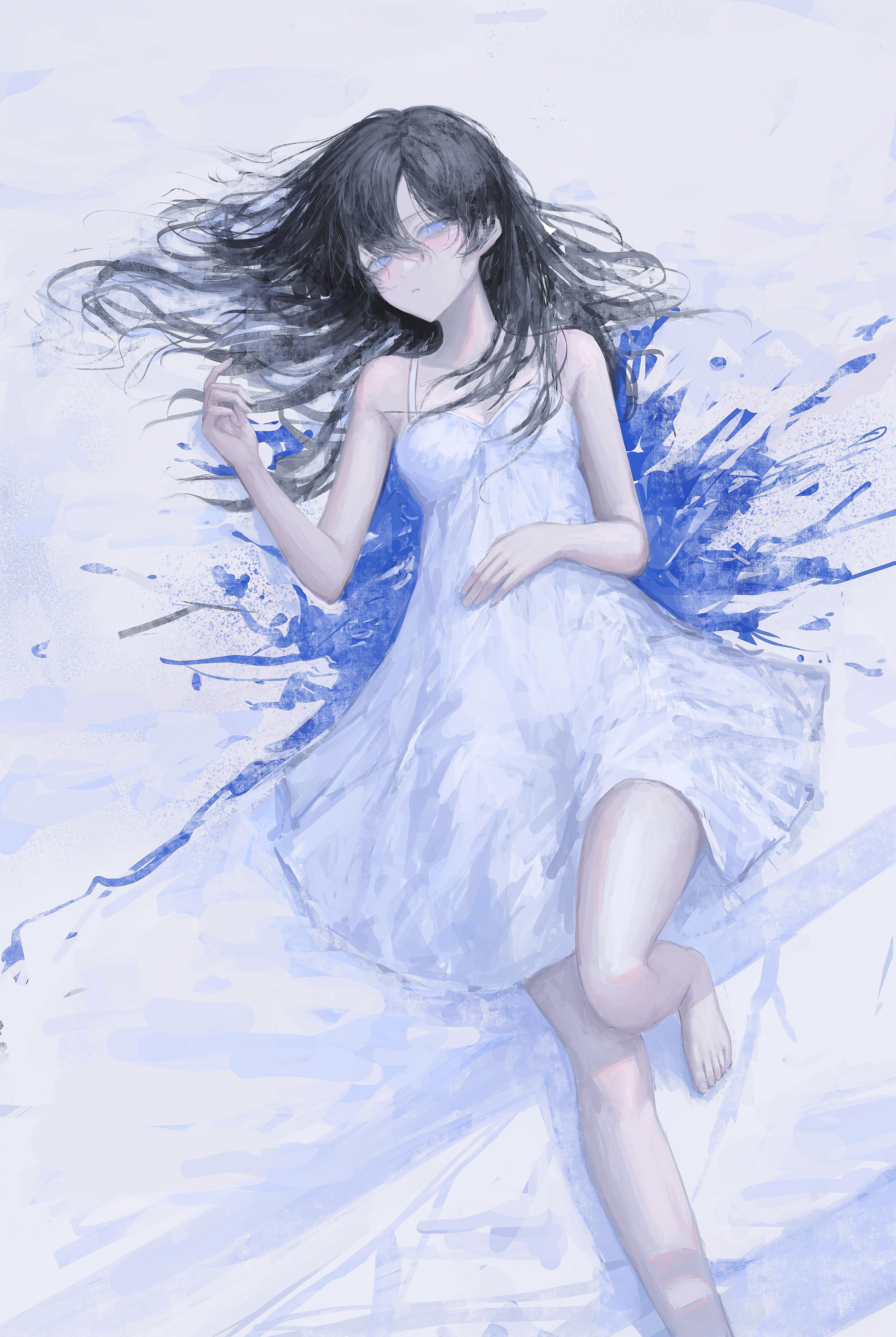 original, absurdres, chinese commentary, commentary request, highres, 1girl, barefoot, black hair, blue eyes, closed mouth, dress, expressionless, foot out of frame, hair between eyes, hair spread out, hand on own stomach, hand up, knee up, long hair, looking at viewer, lying, on back, parted bangs, short dress, sleeveless, sleeveless dress, solo, spaghetti strap, white dress, white theme, zorhua
